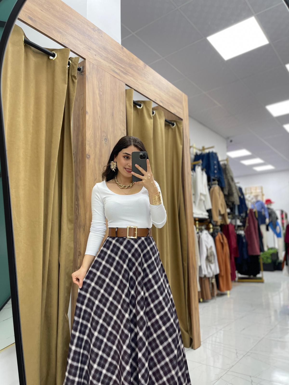 Ekose Kemerli Etek - Gri