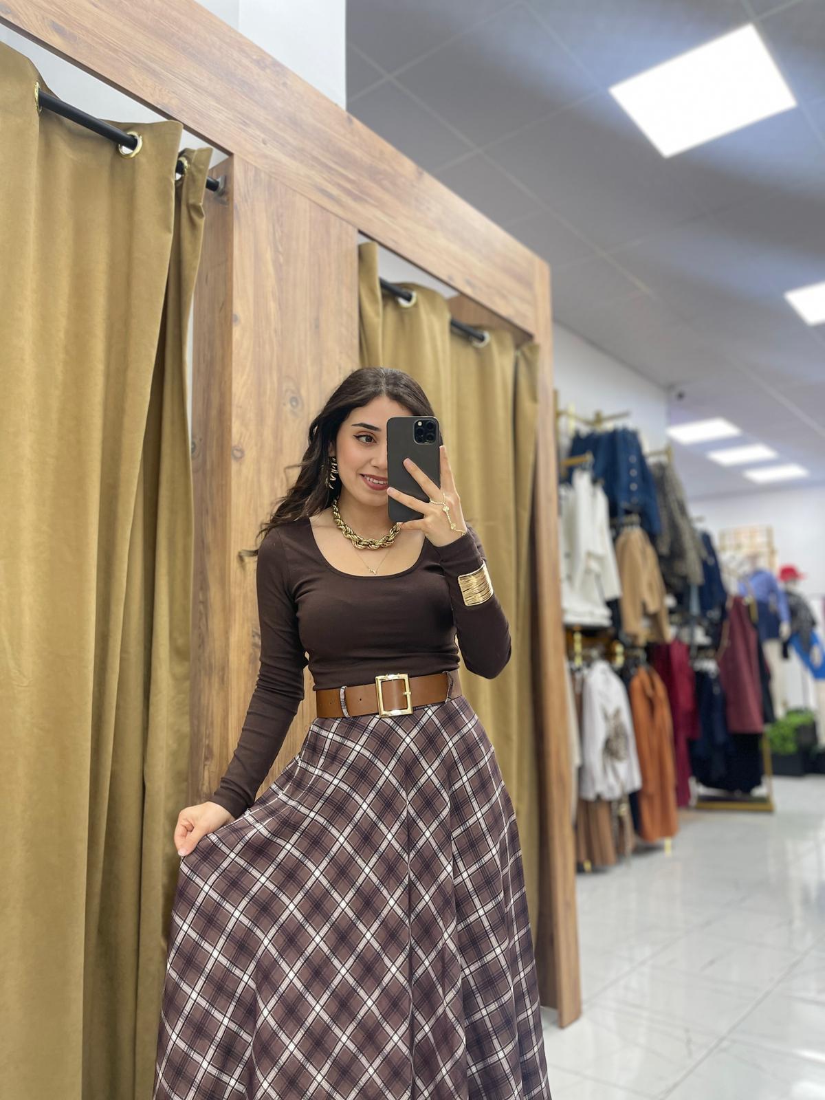 Ekose Kemerli Etek - Acı Kahve