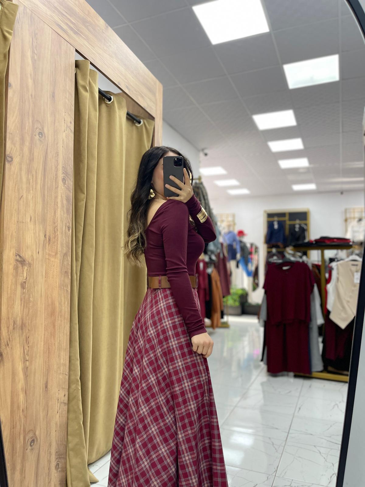 Ekose Kemerli Etek - Bordo