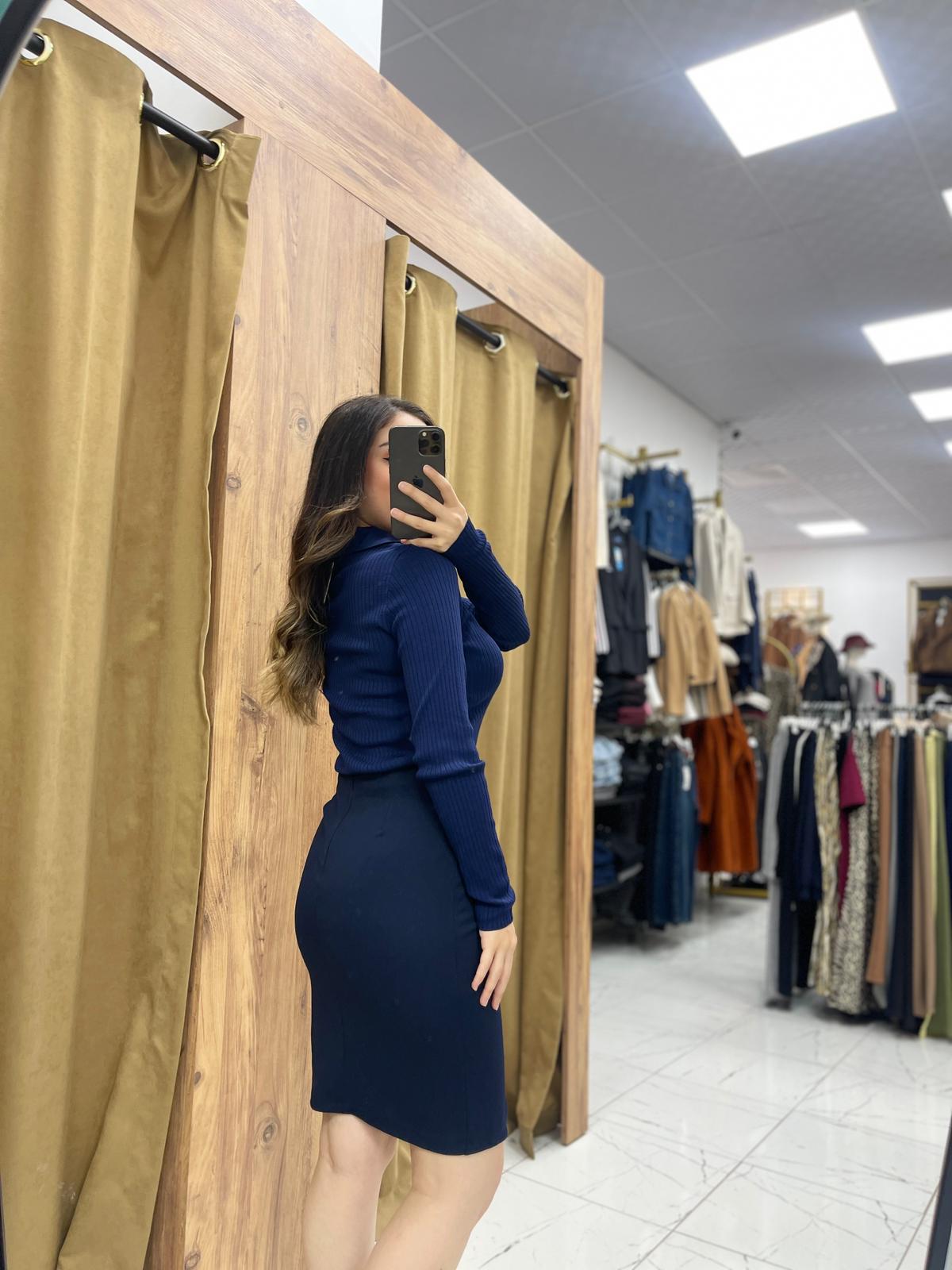 Bony Krep Kumaş Etek - Lacivert