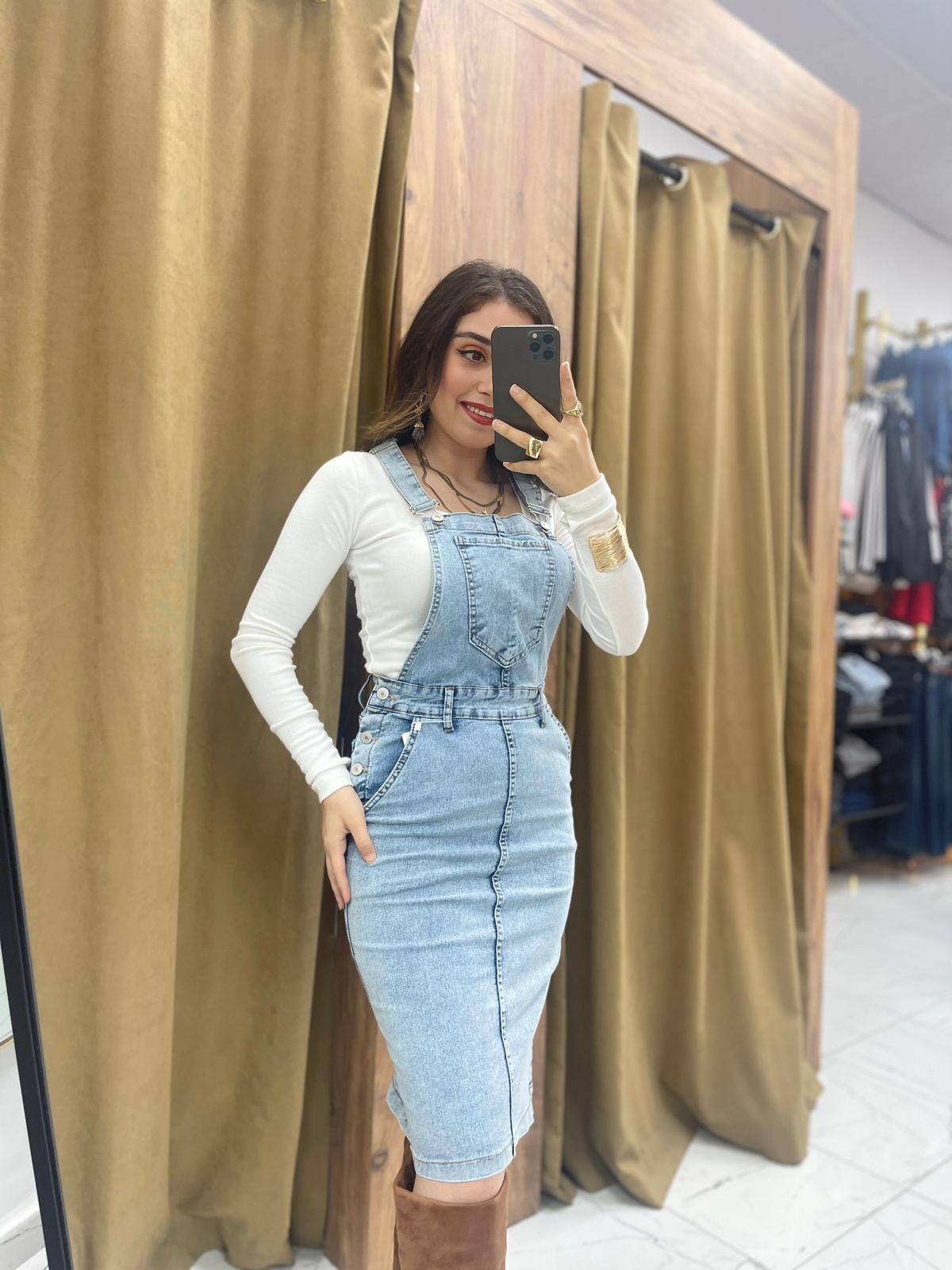Mila Askılı Kot Elbise  - Buz Mavi