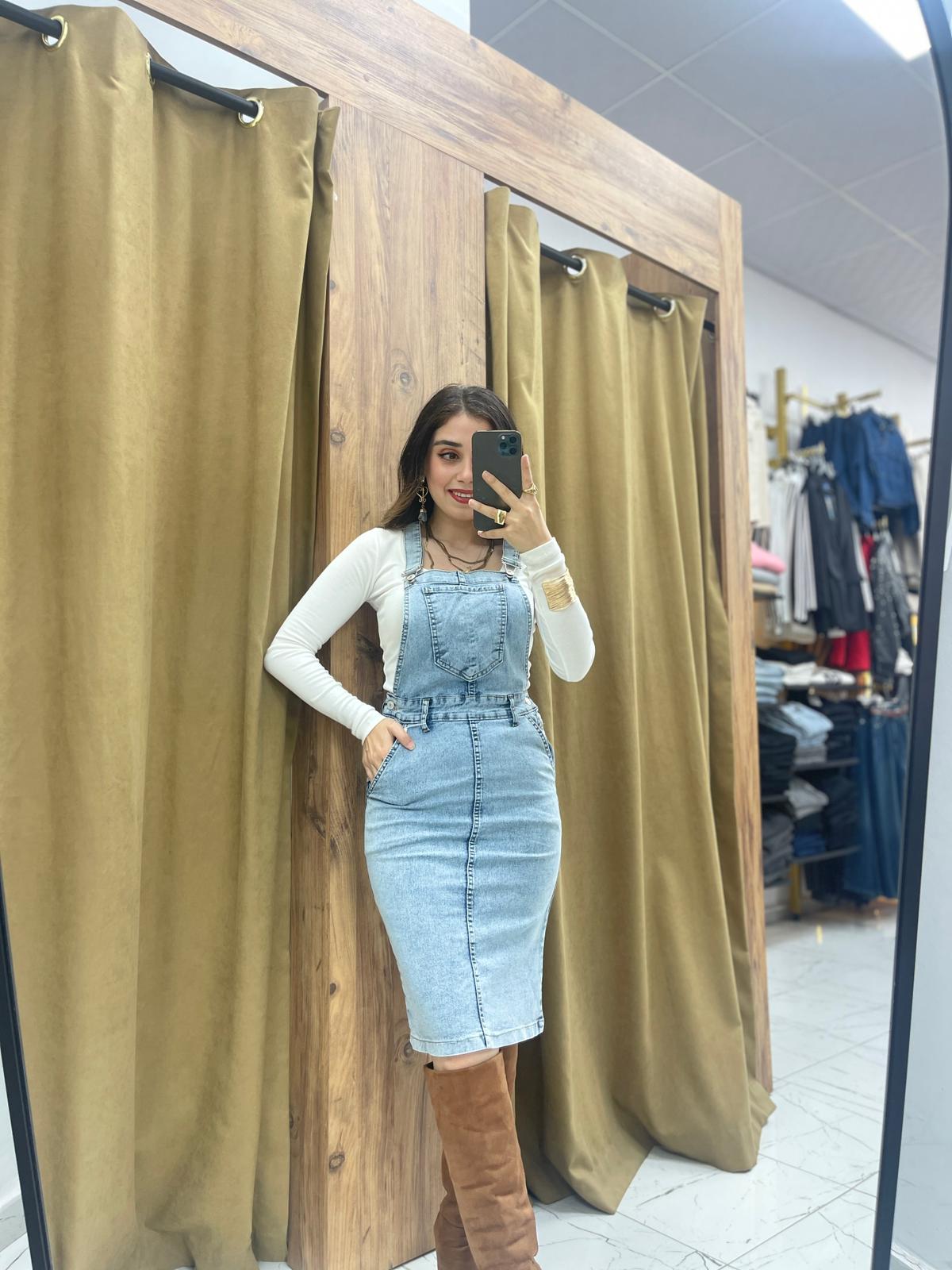 Mila Askılı Kot Elbise  - Buz Mavi