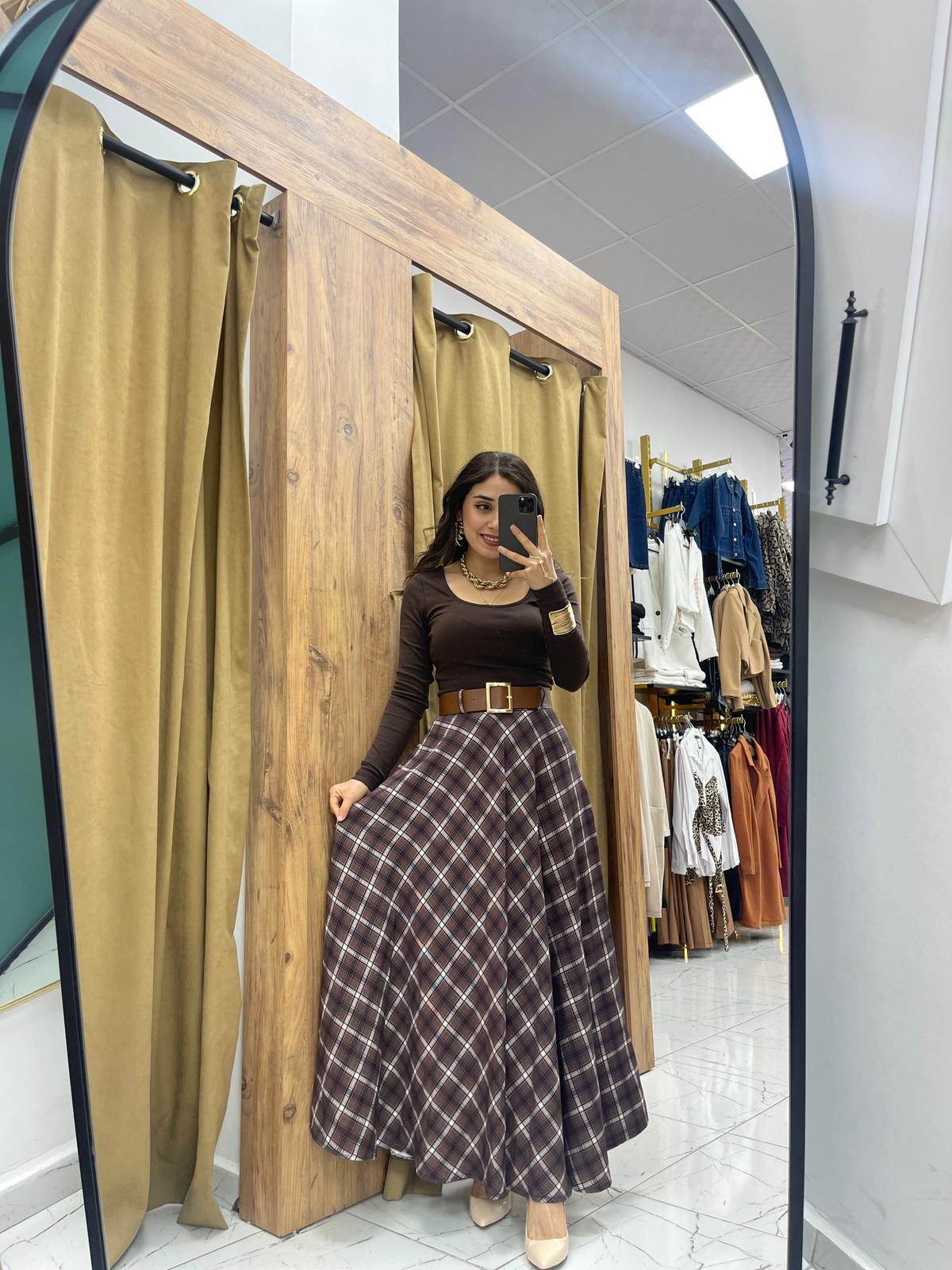 Ekose Kemerli Etek - Acı Kahve