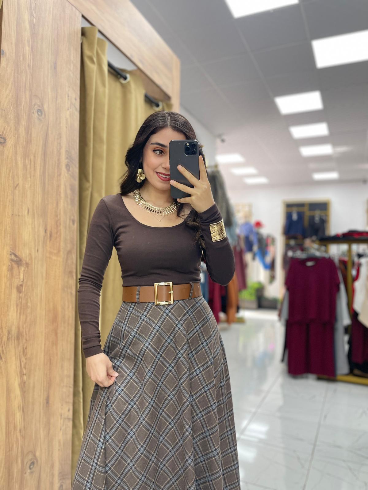 Ekose Kemerli Etek - Acı Kahve