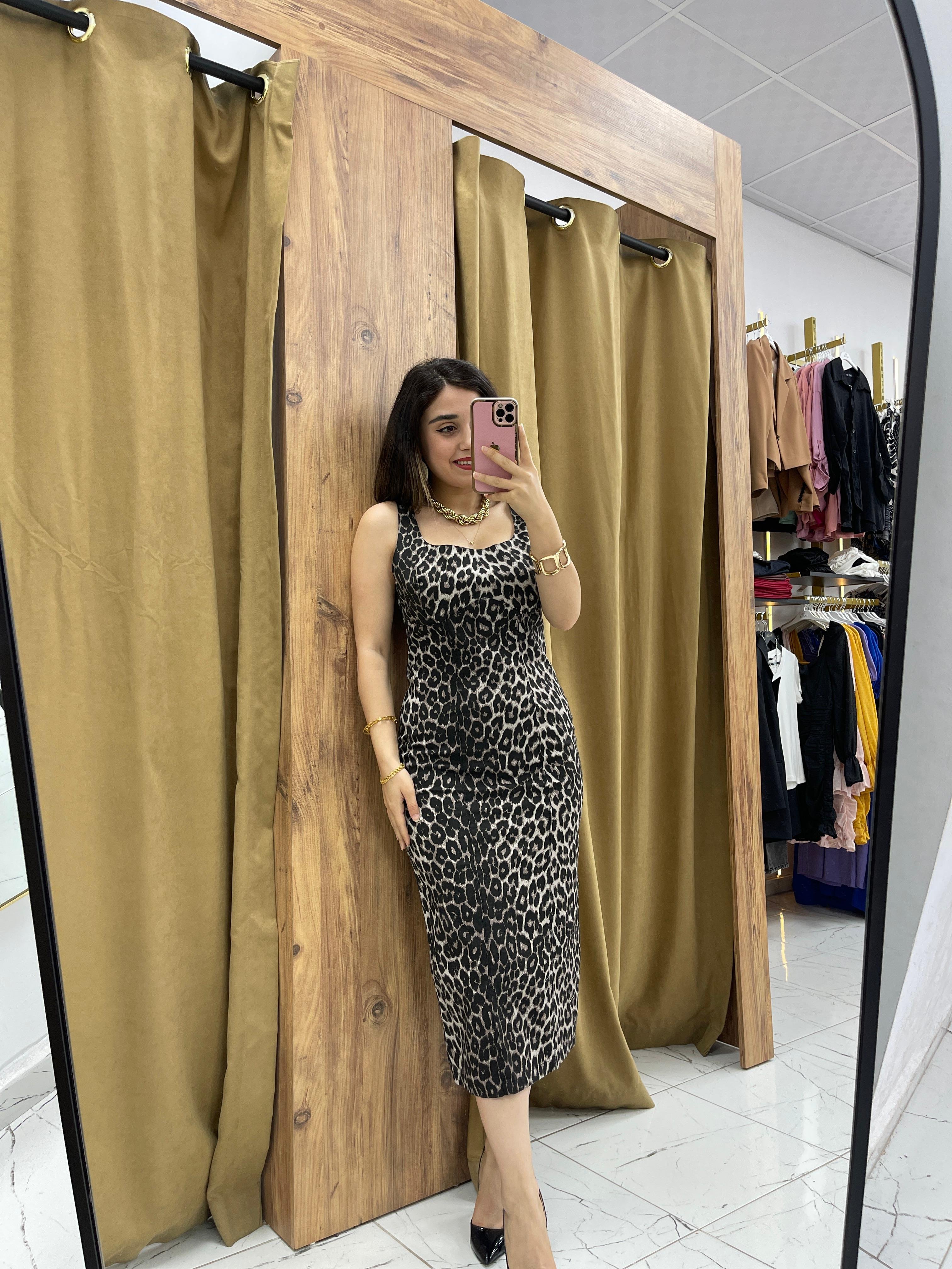 Nemy Leopar Elbise - Gri Leopar