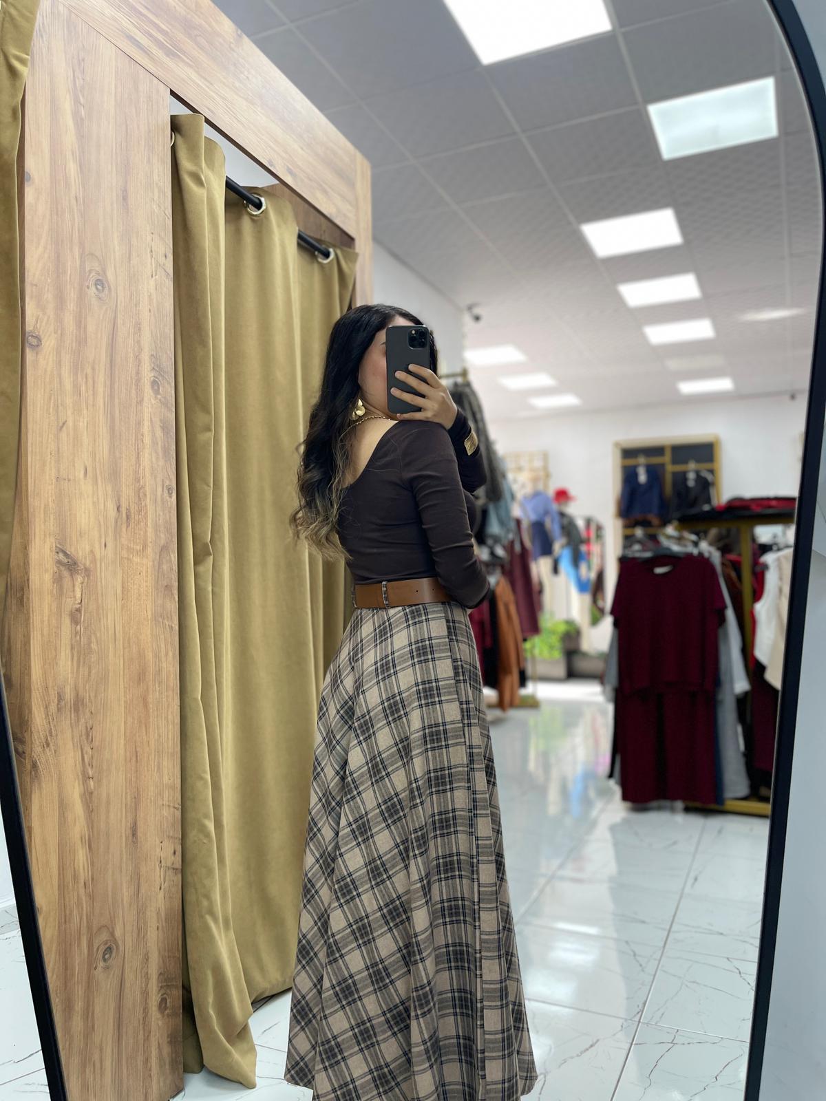 Ekose Kemerli Etek - Vizon