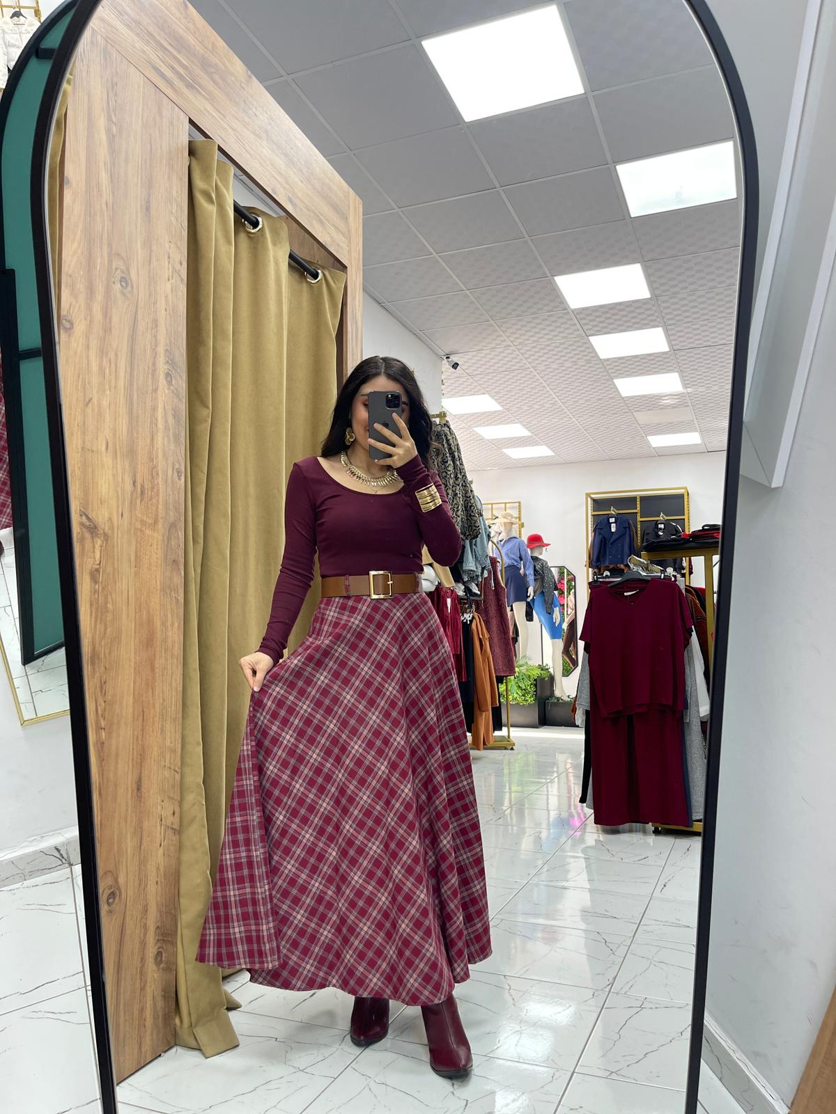 Ekose Kemerli Etek - Bordo