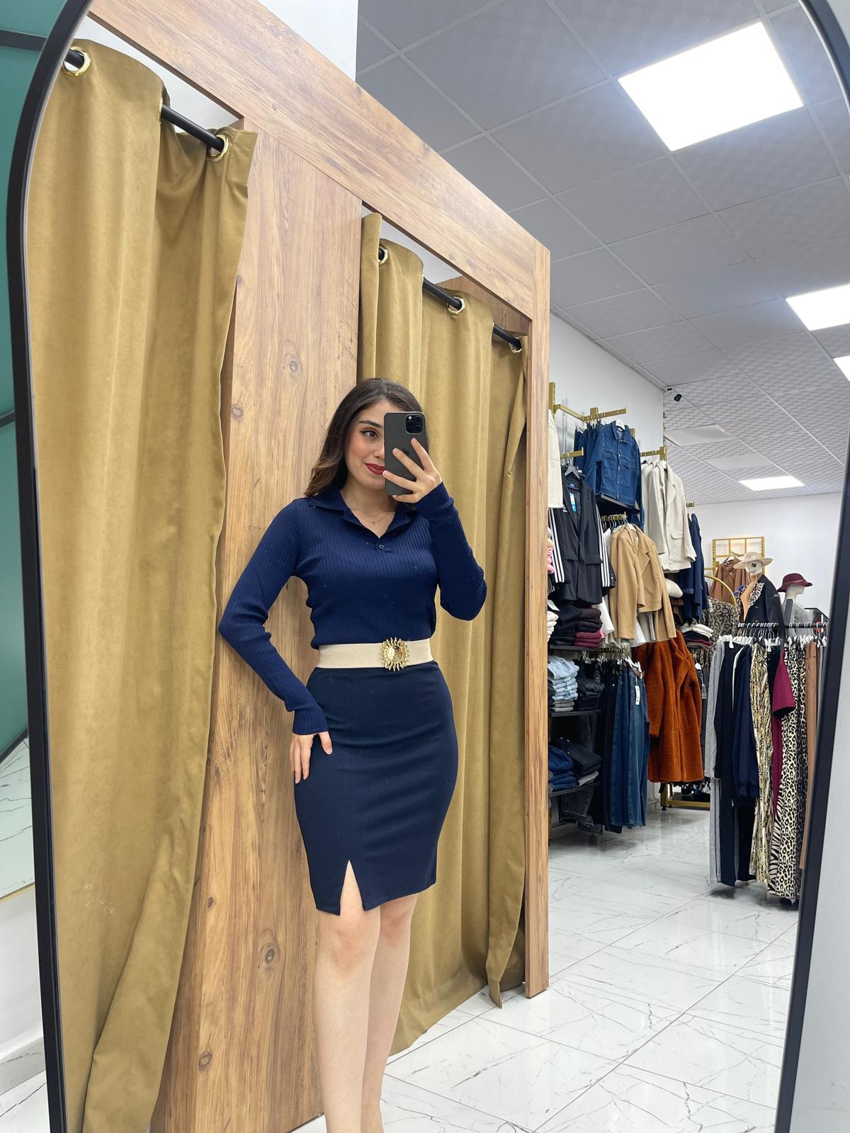 Bony Krep Kumaş Etek - Lacivert