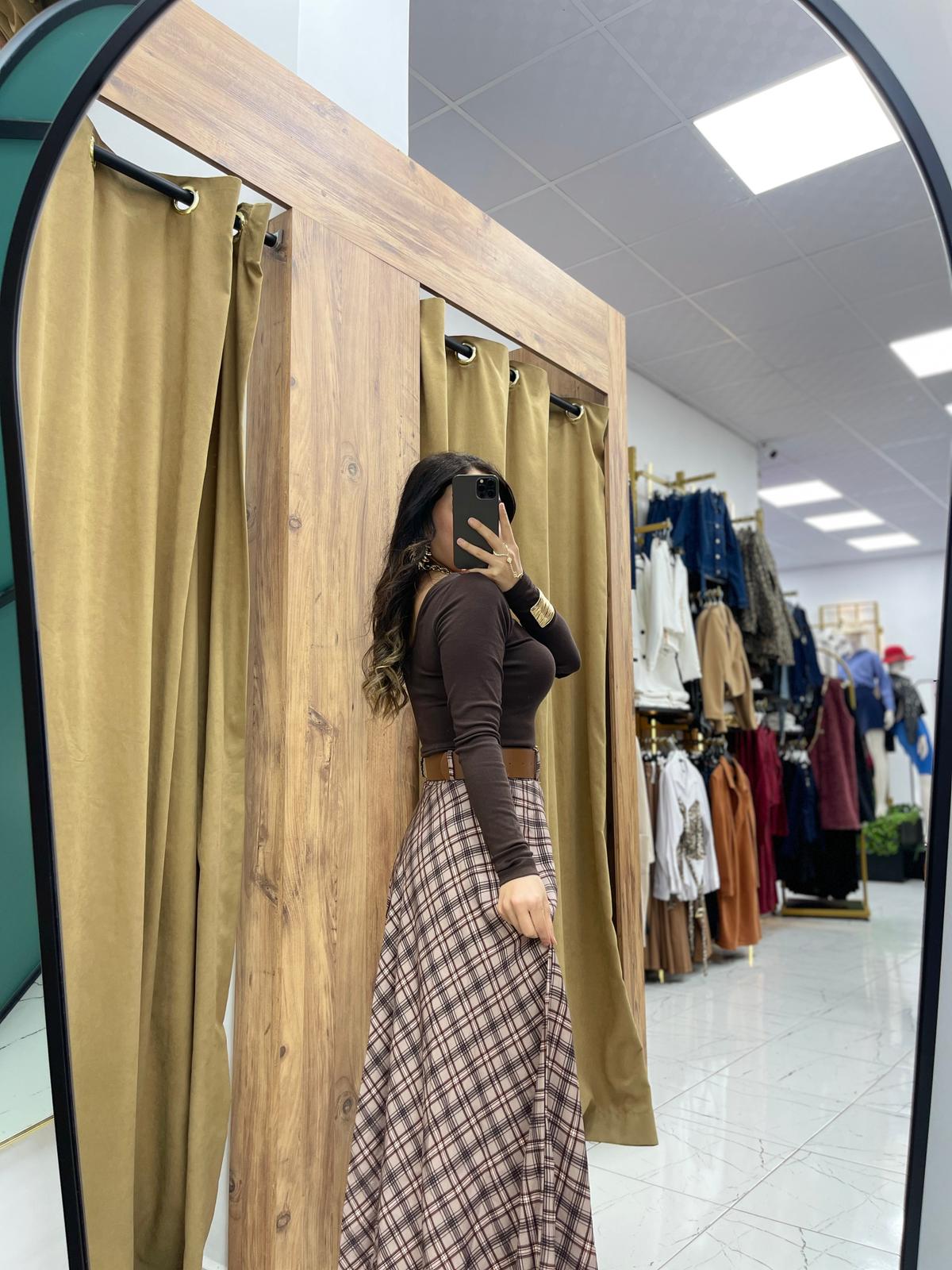 Ekose Kemerli Etek - Vizon