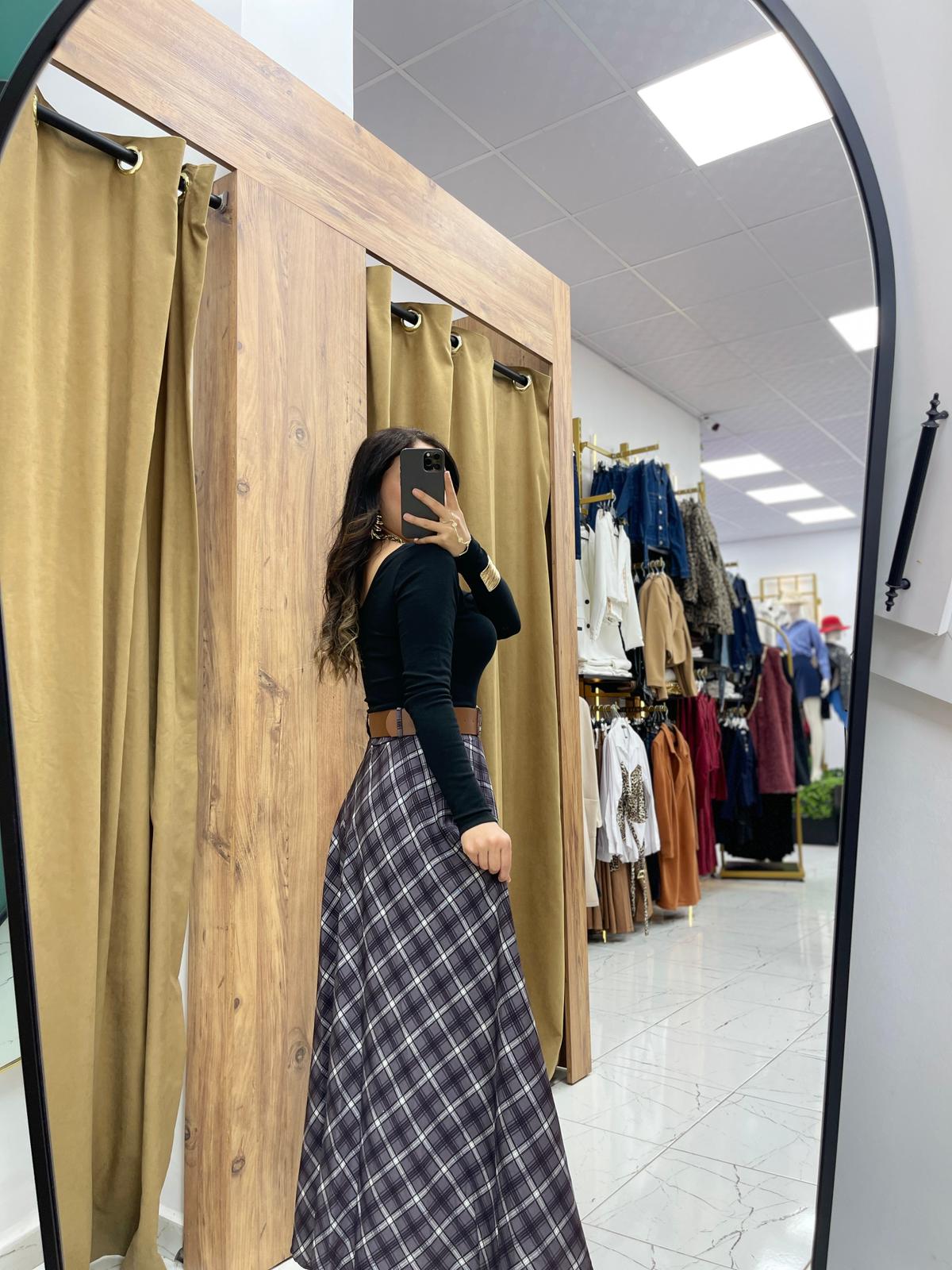 Ekose Kemerli Etek - Siyah