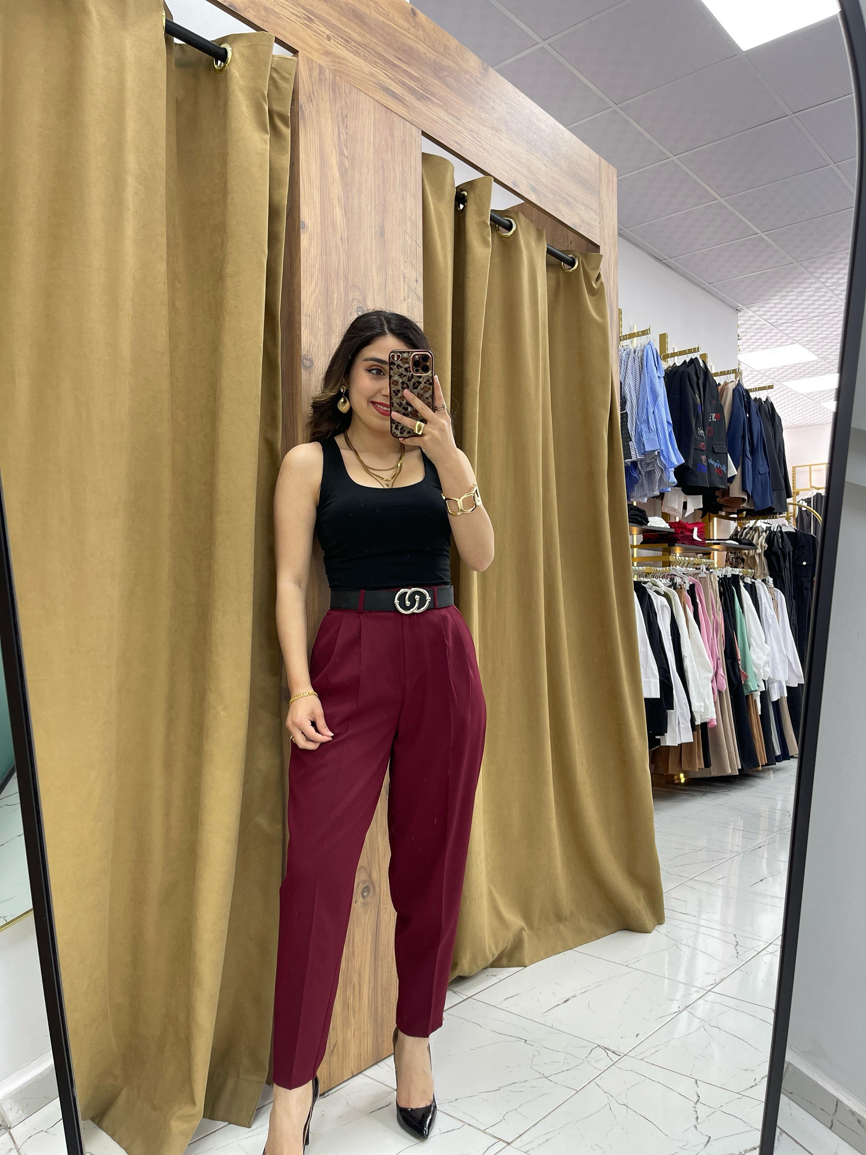 Elara Kumaş Pantolon - Bordo
