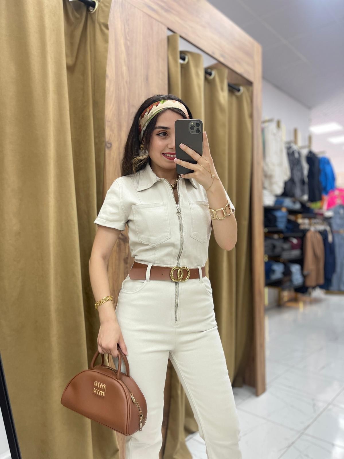 Moni Fermuarlı Kot Tulum - Krem