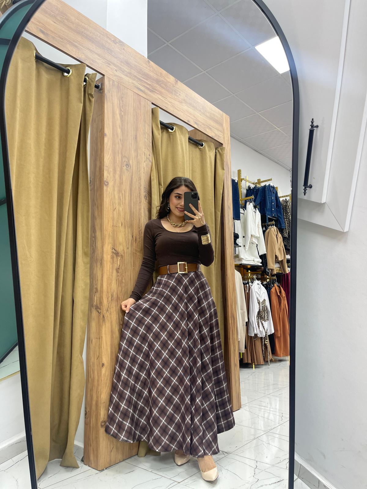 Ekose Kemerli Etek - Acı Kahve