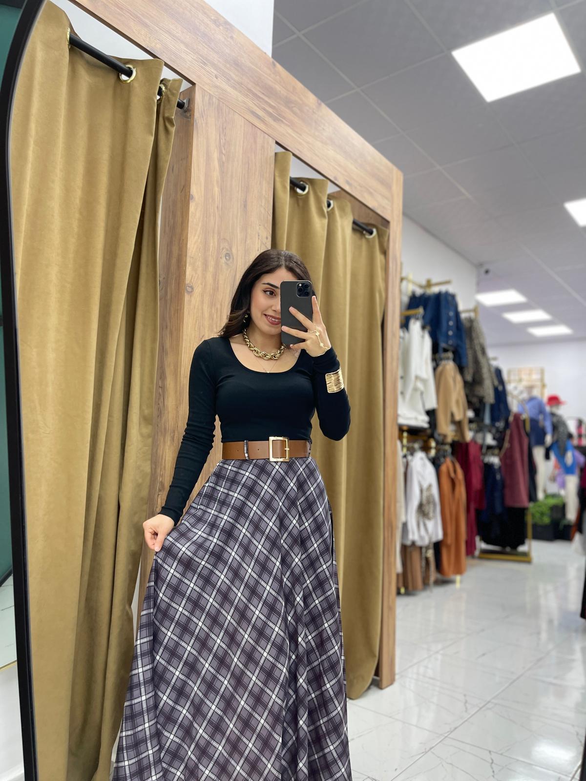 Ekose Kemerli Etek - Siyah