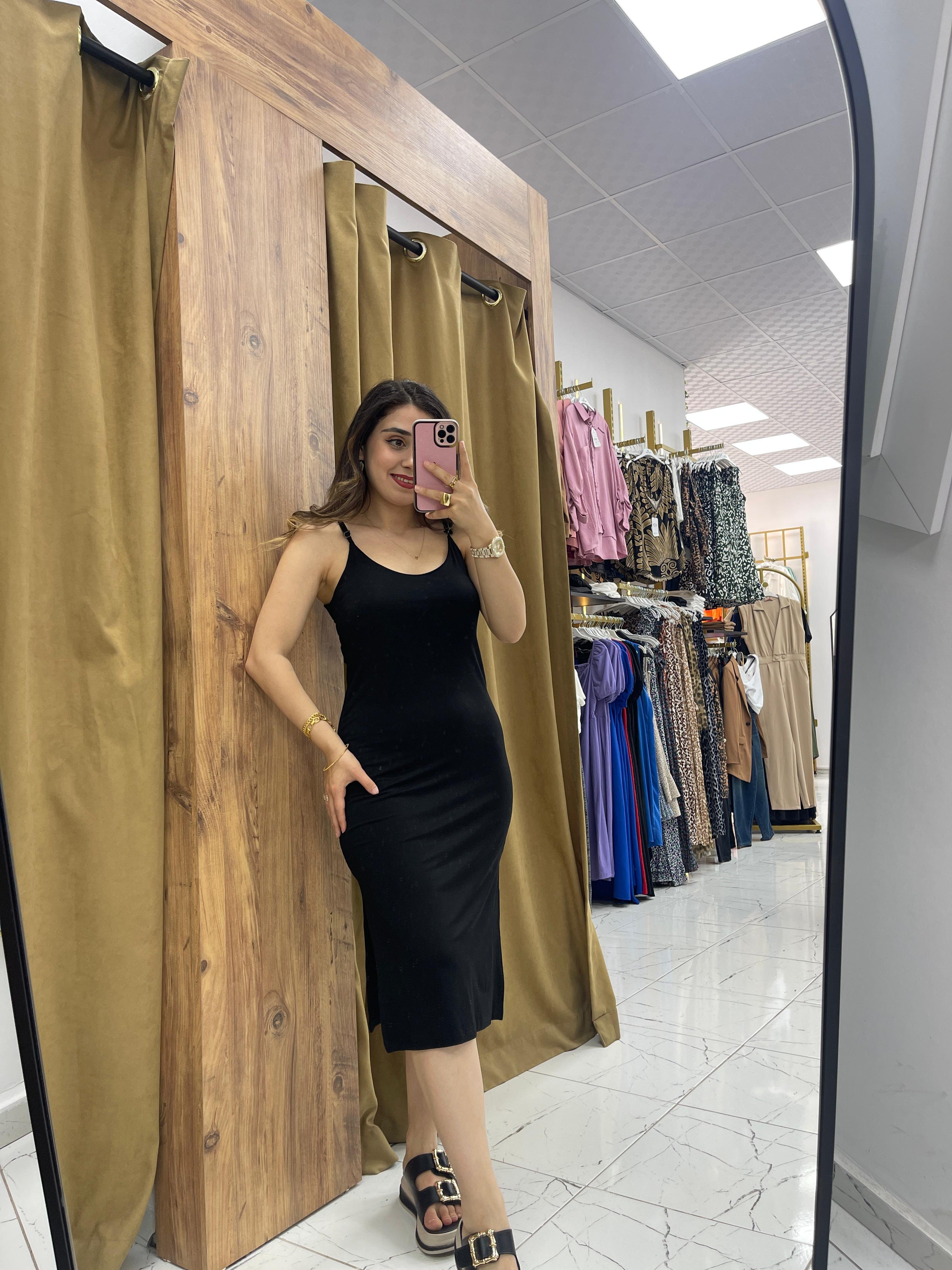 Modal Kumaş İp Askılı Elbise  - Siyah