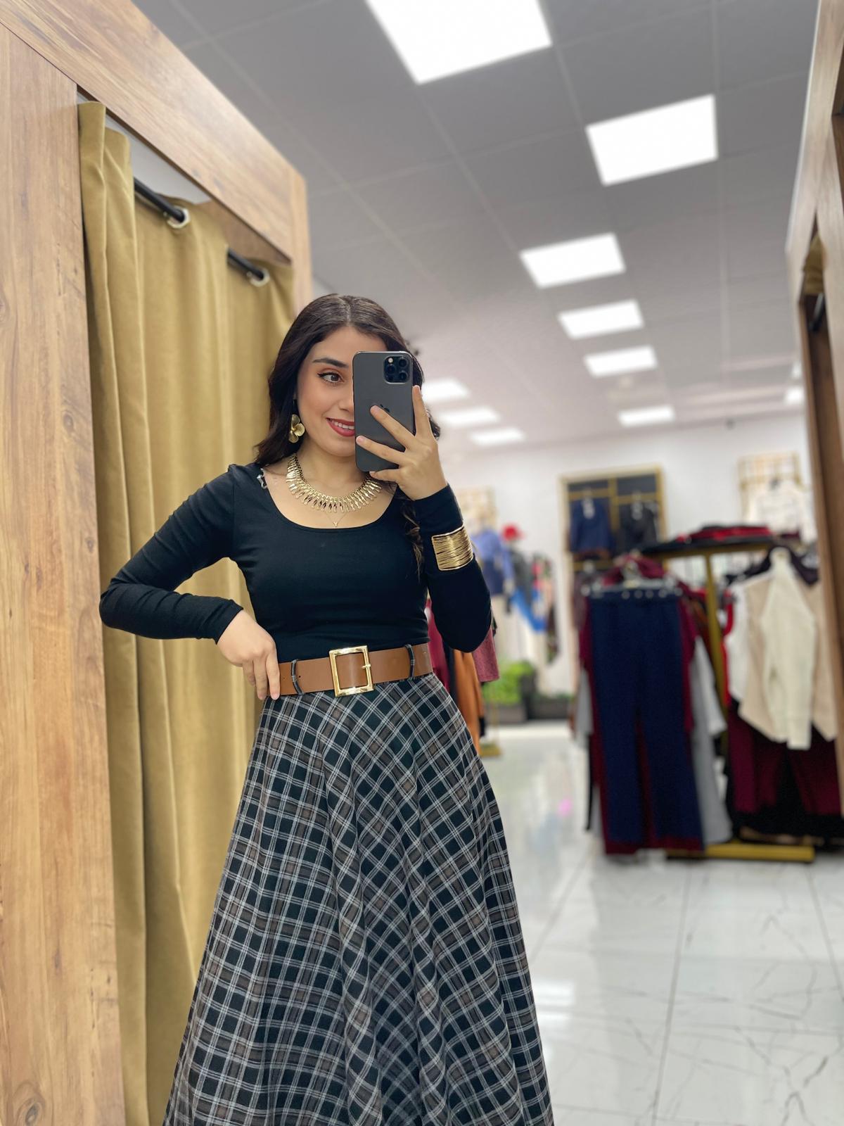 Ekose Kemerli Etek - Siyah