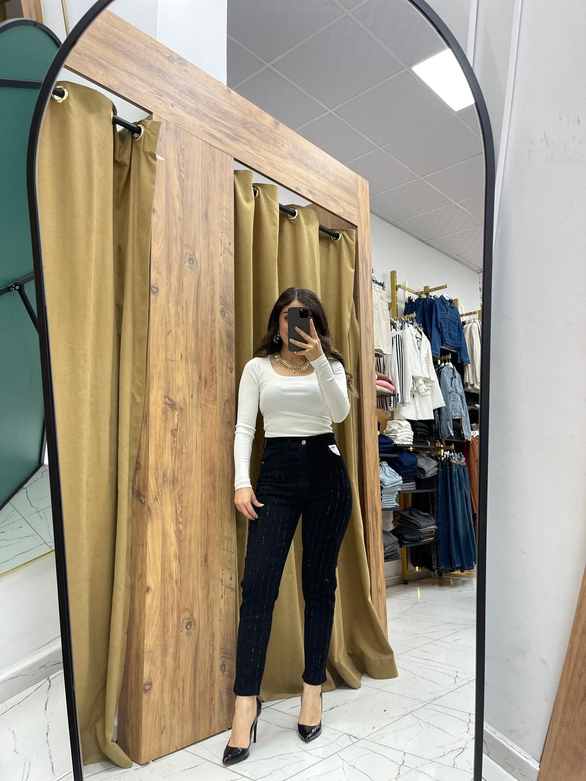 Dikey Taşlı Kot Pantolon  - Siyah