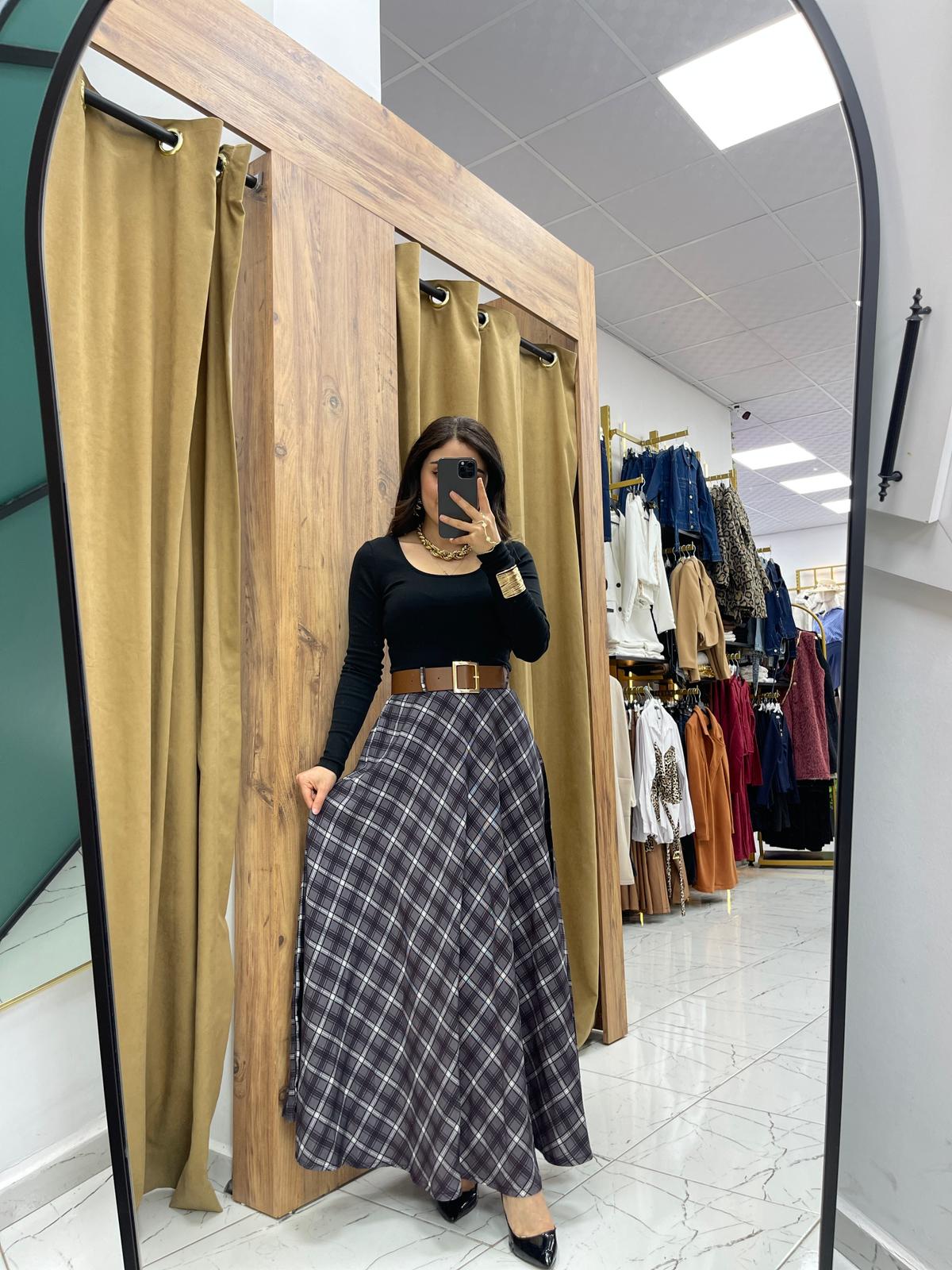 Ekose Kemerli Etek - Siyah