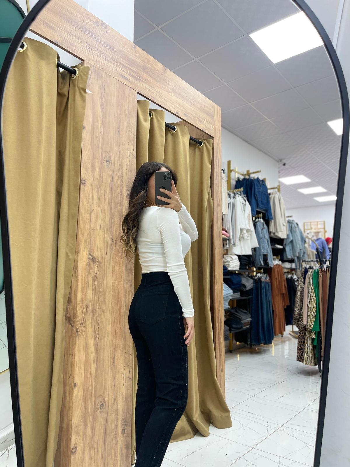 Dikey Taşlı Kot Pantolon  - Siyah