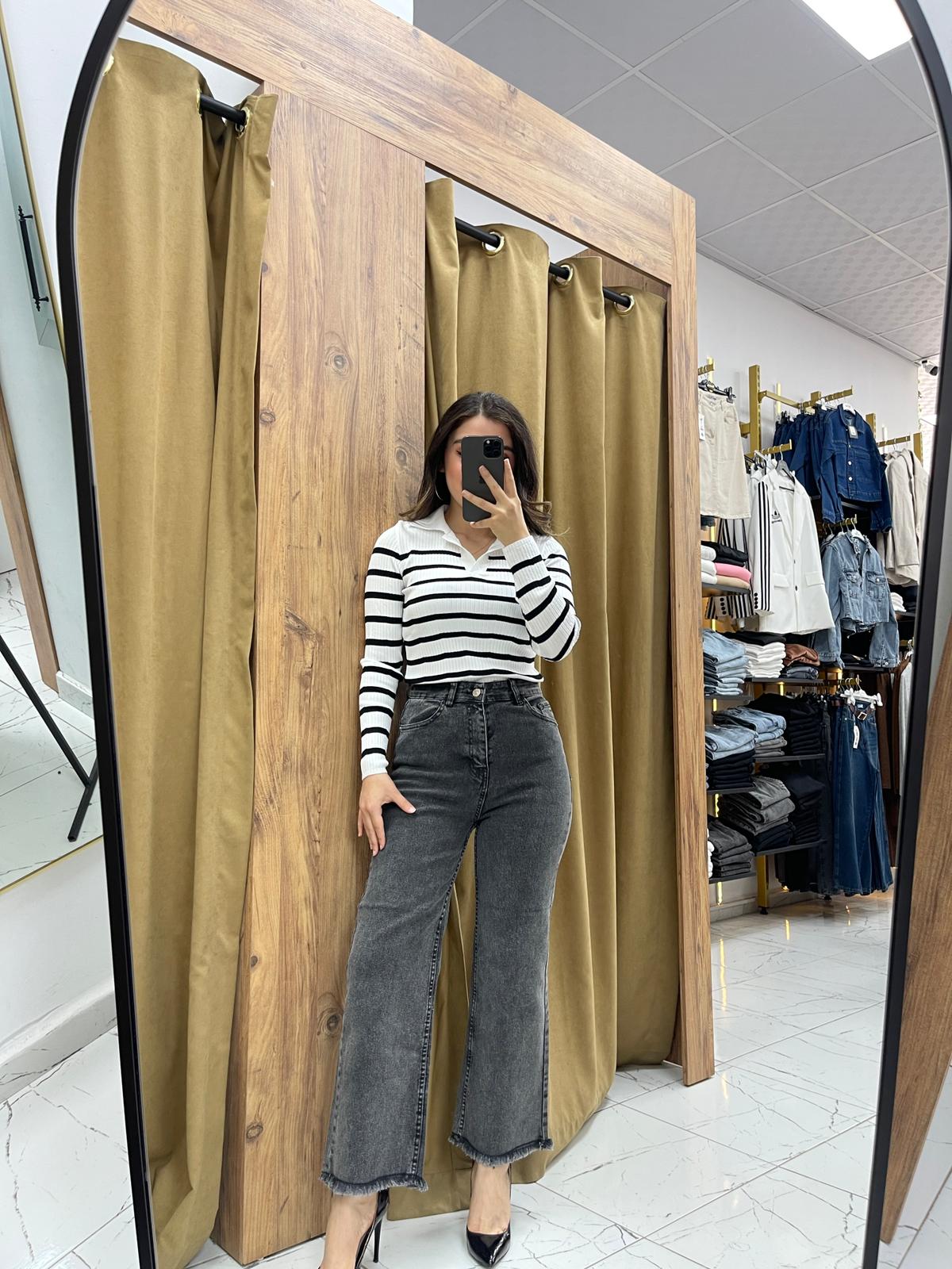 Püsküllü Kot Pantolon - Gri