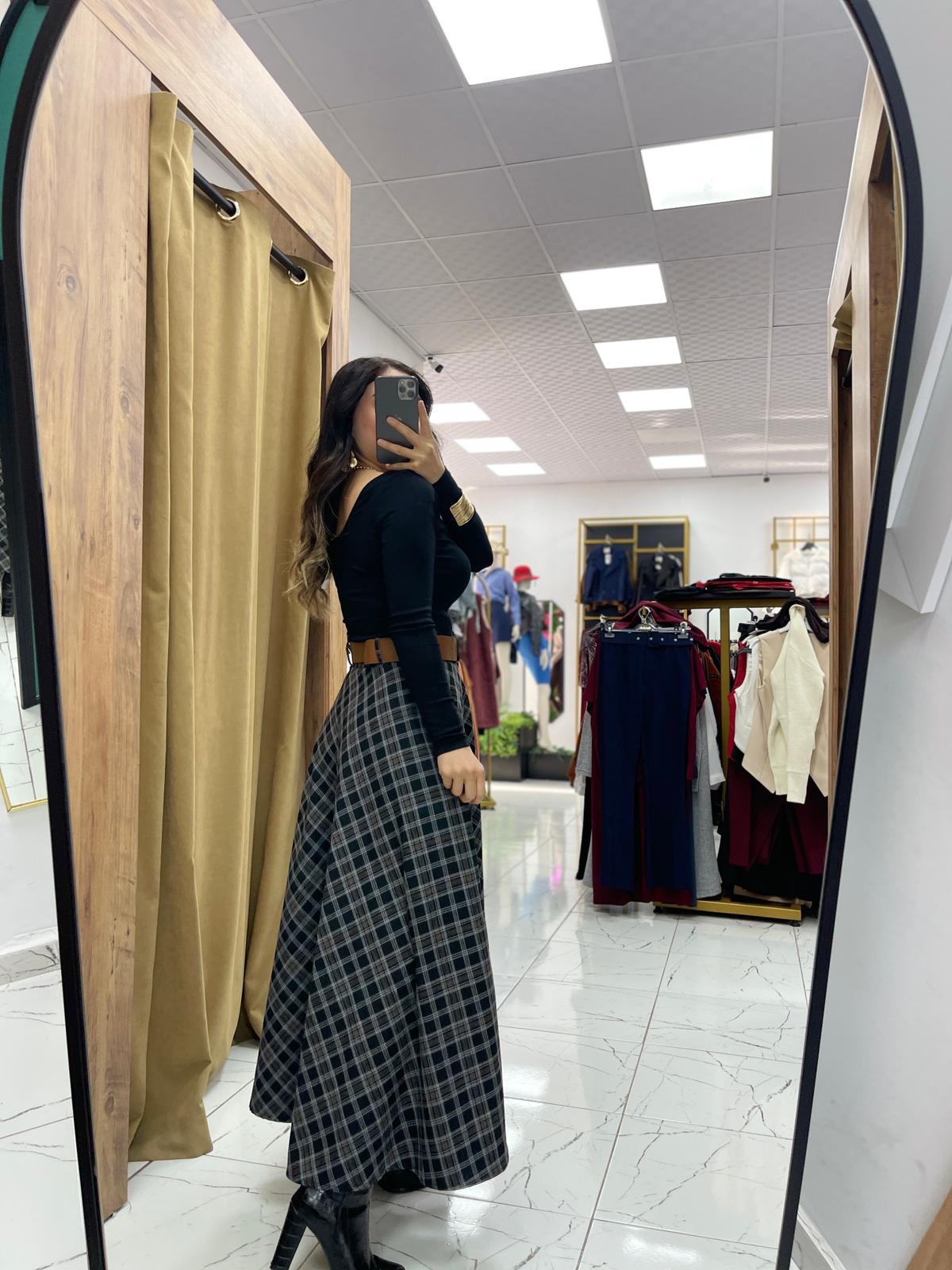 Ekose Kemerli Etek - Siyah