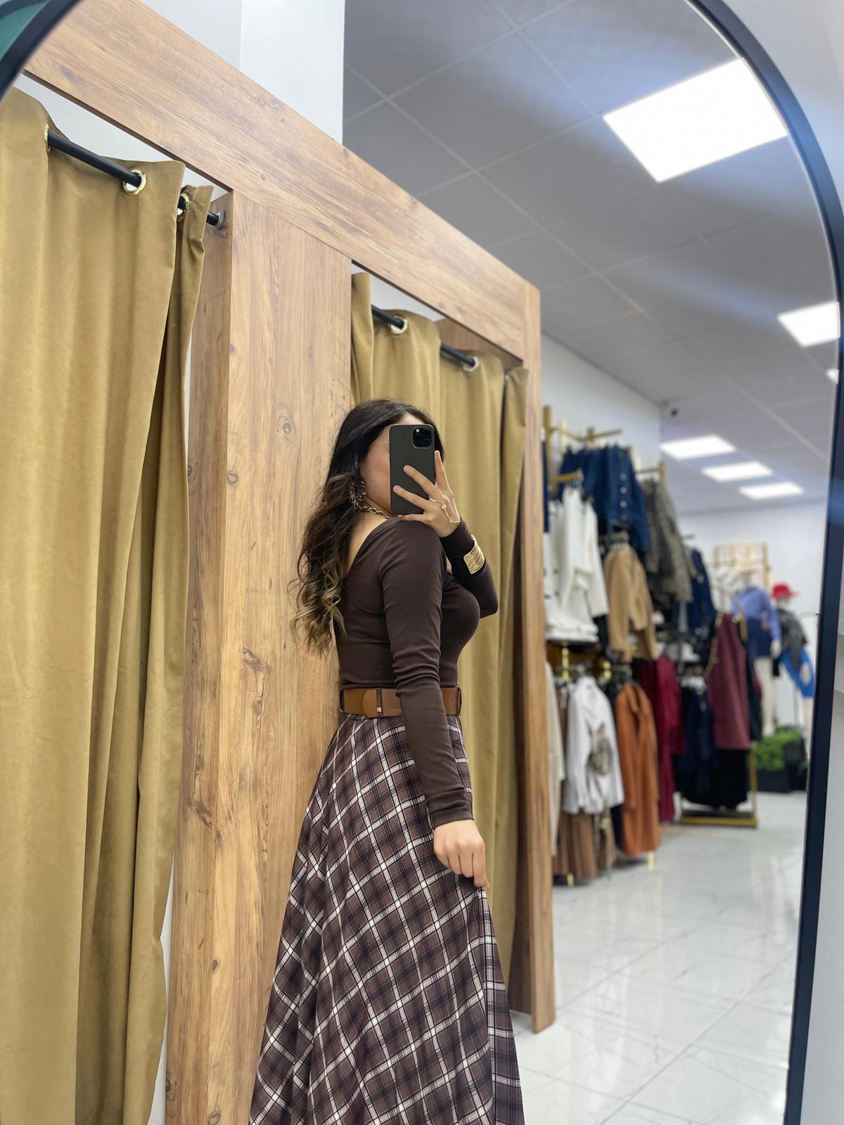 Ekose Kemerli Etek - Acı Kahve