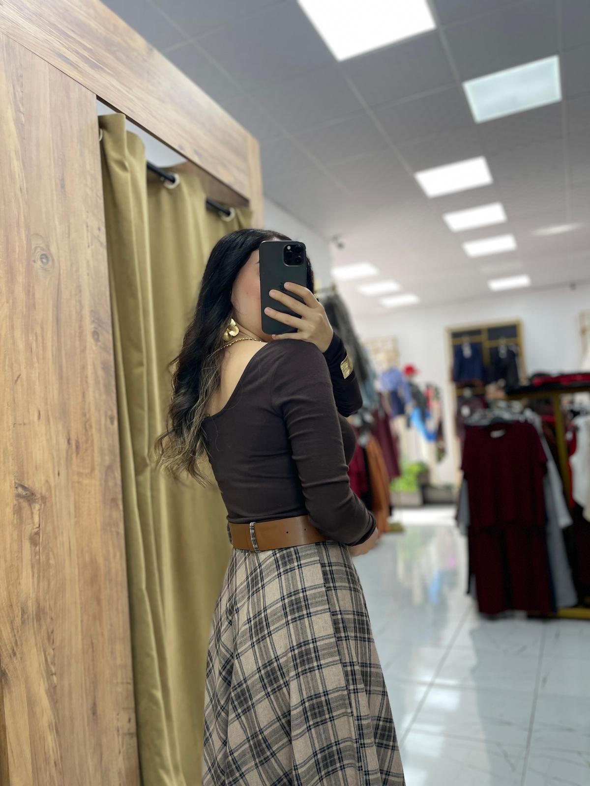 Ekose Kemerli Etek - Vizon