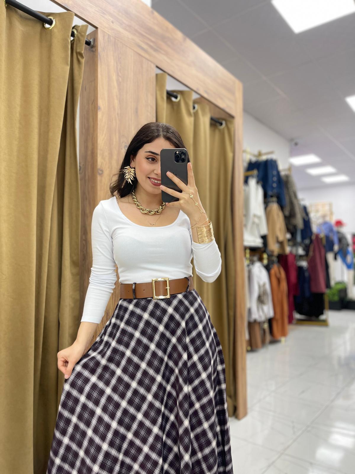 Ekose Kemerli Etek - Gri