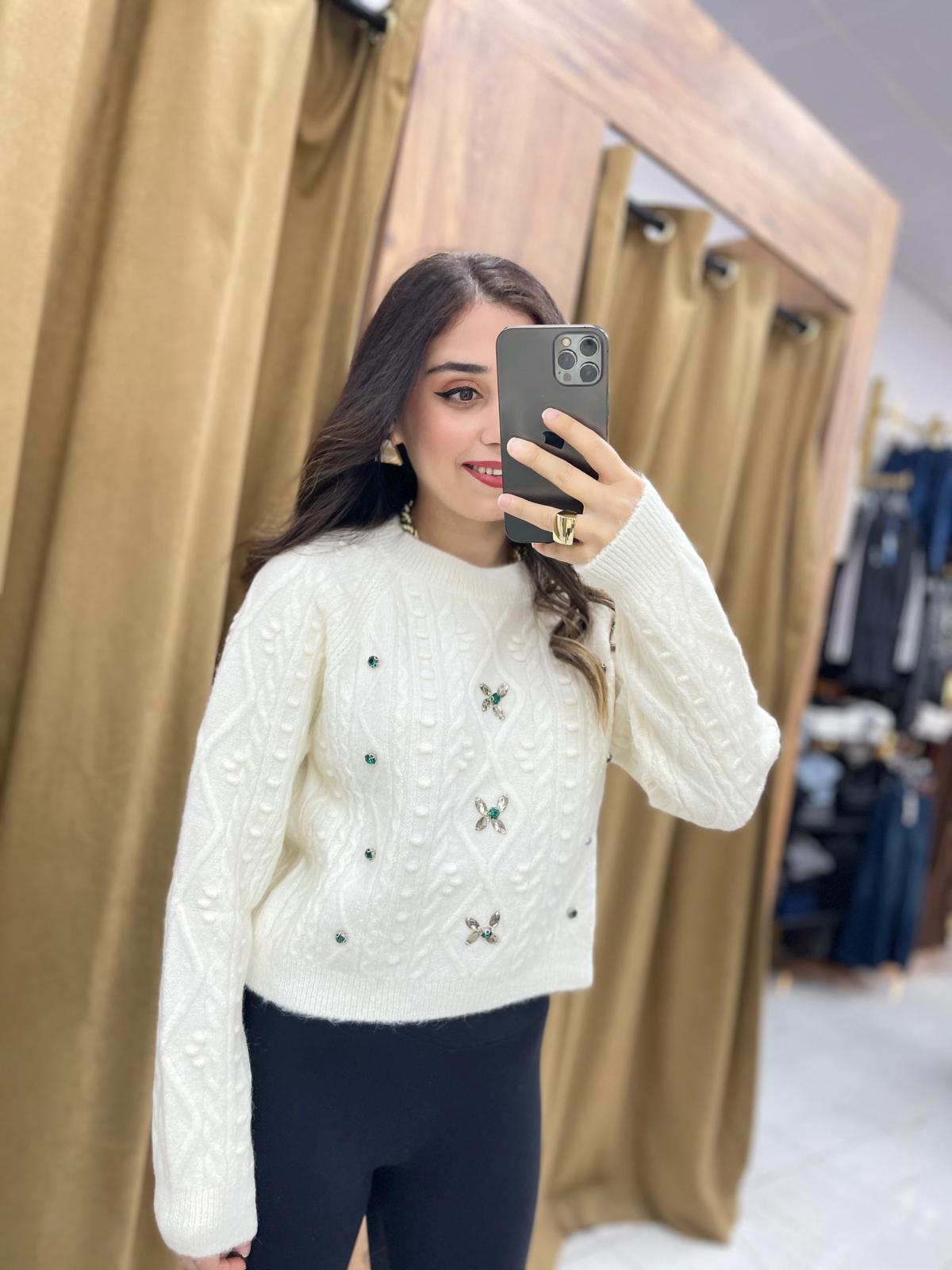 Dilvin Taşlı Triko  - Krem