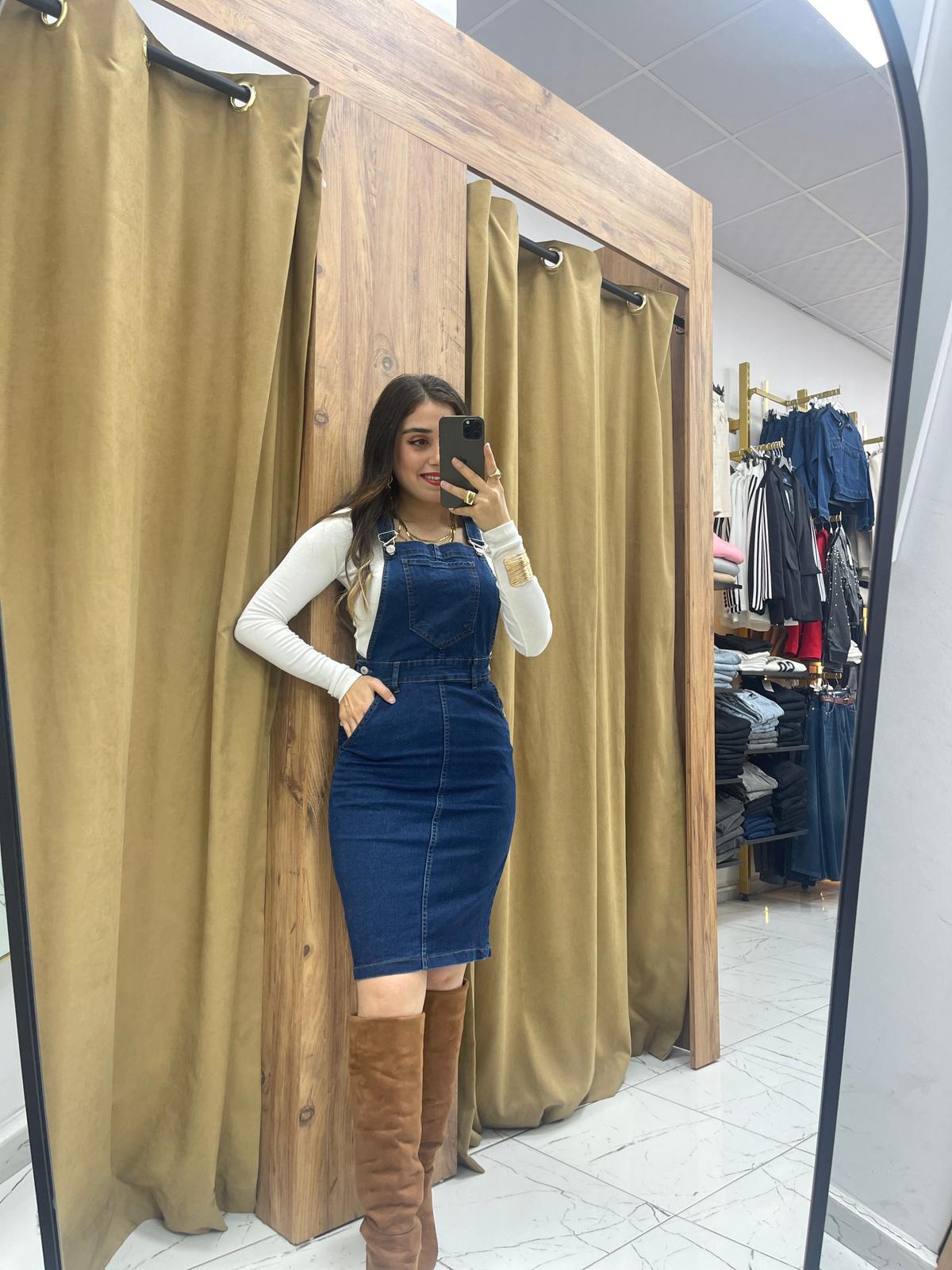 Mila Askılı Kot Elbise  - Lacivert