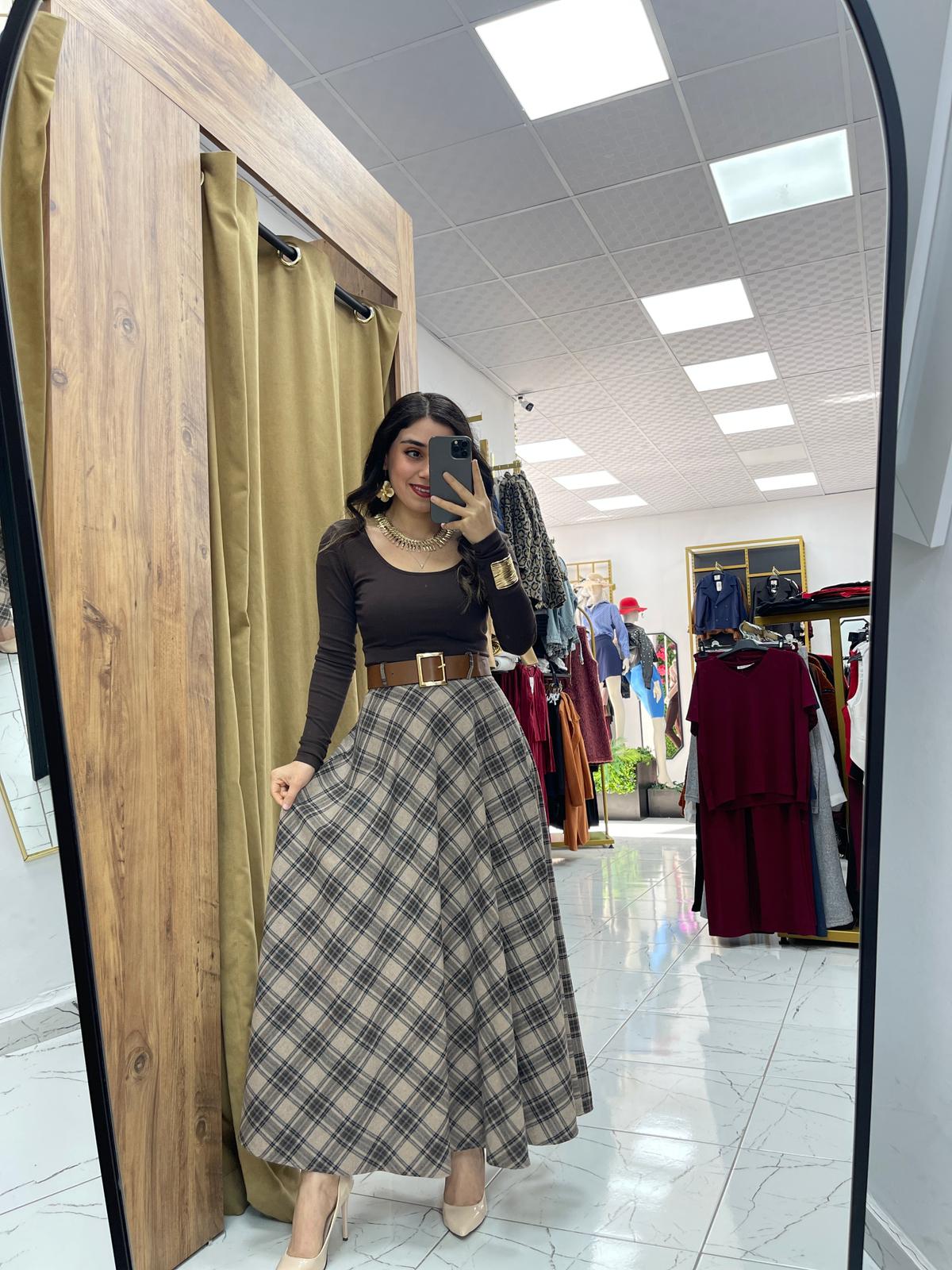 Ekose Kemerli Etek - Vizon