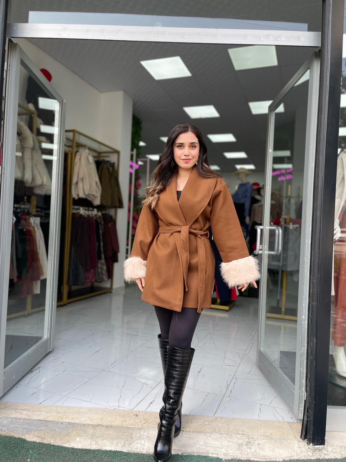 Kol Tüylü Kaşe Kaban  - Kahverengi