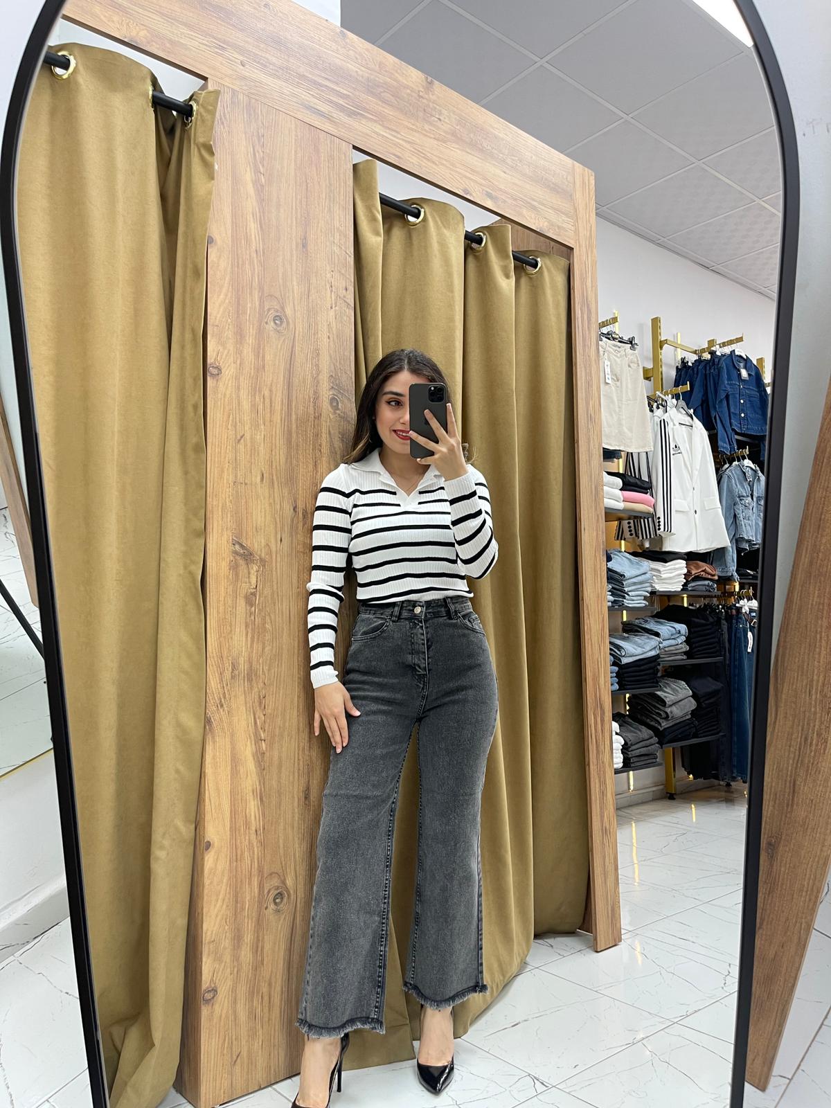 Püsküllü Kot Pantolon - Gri