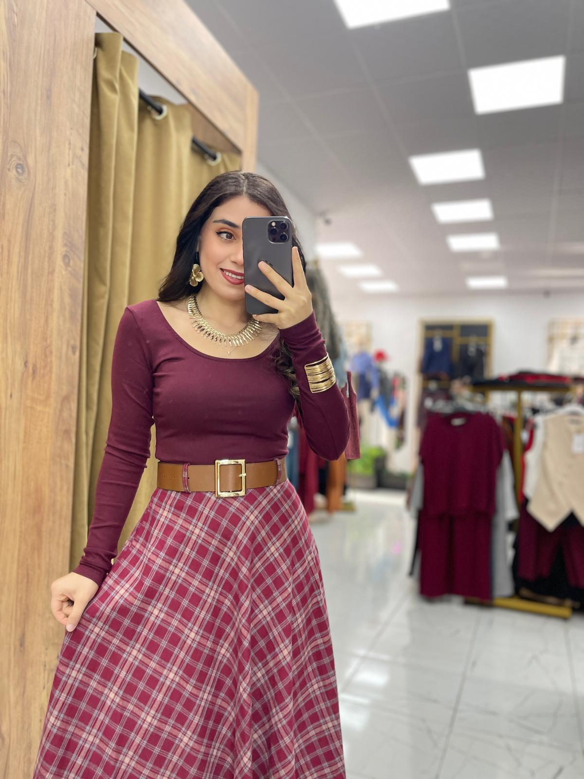 Ekose Kemerli Etek - Bordo