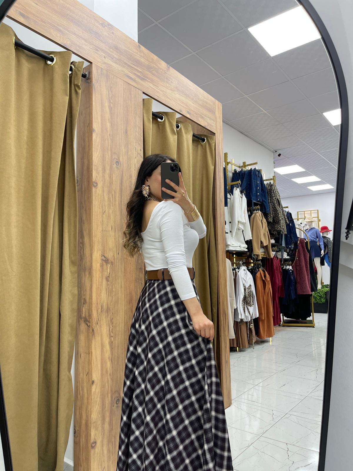 Ekose Kemerli Etek - Gri