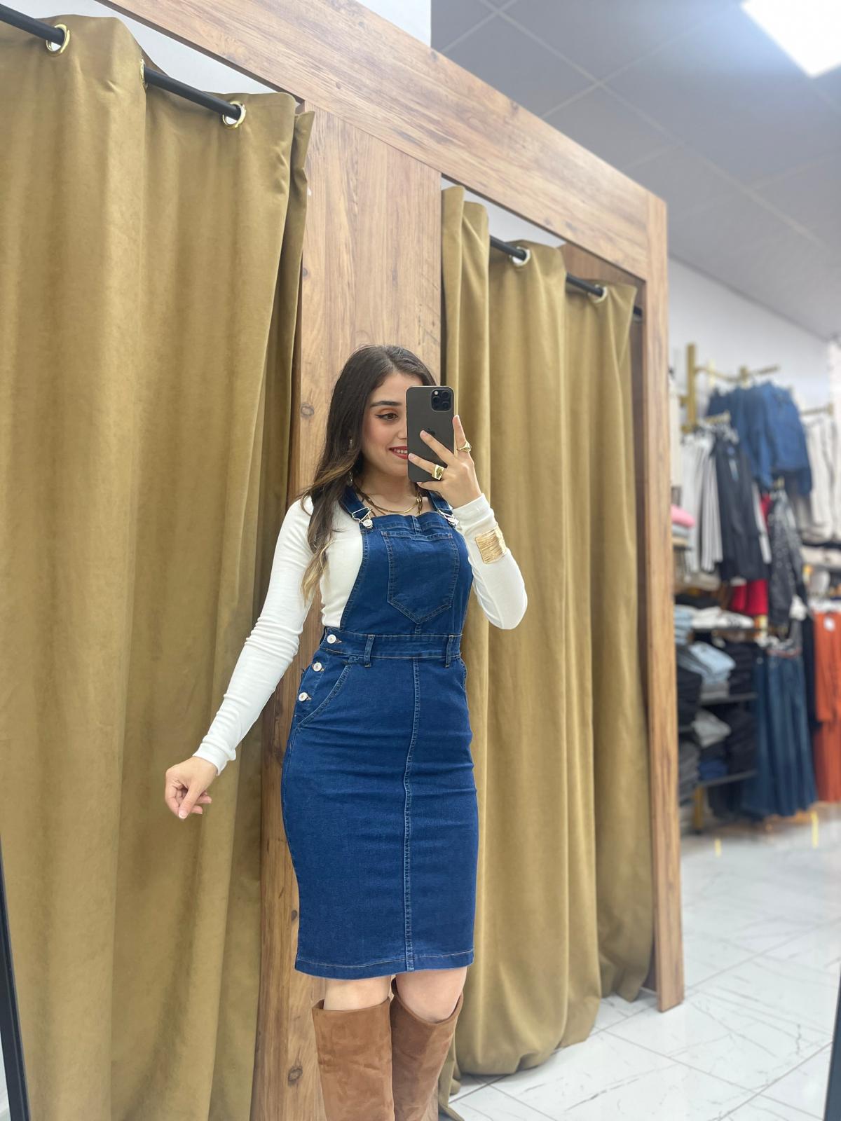 Mila Askılı Kot Elbise  - Lacivert