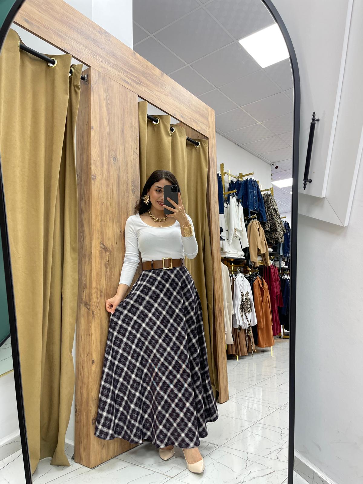 Ekose Kemerli Etek - Gri