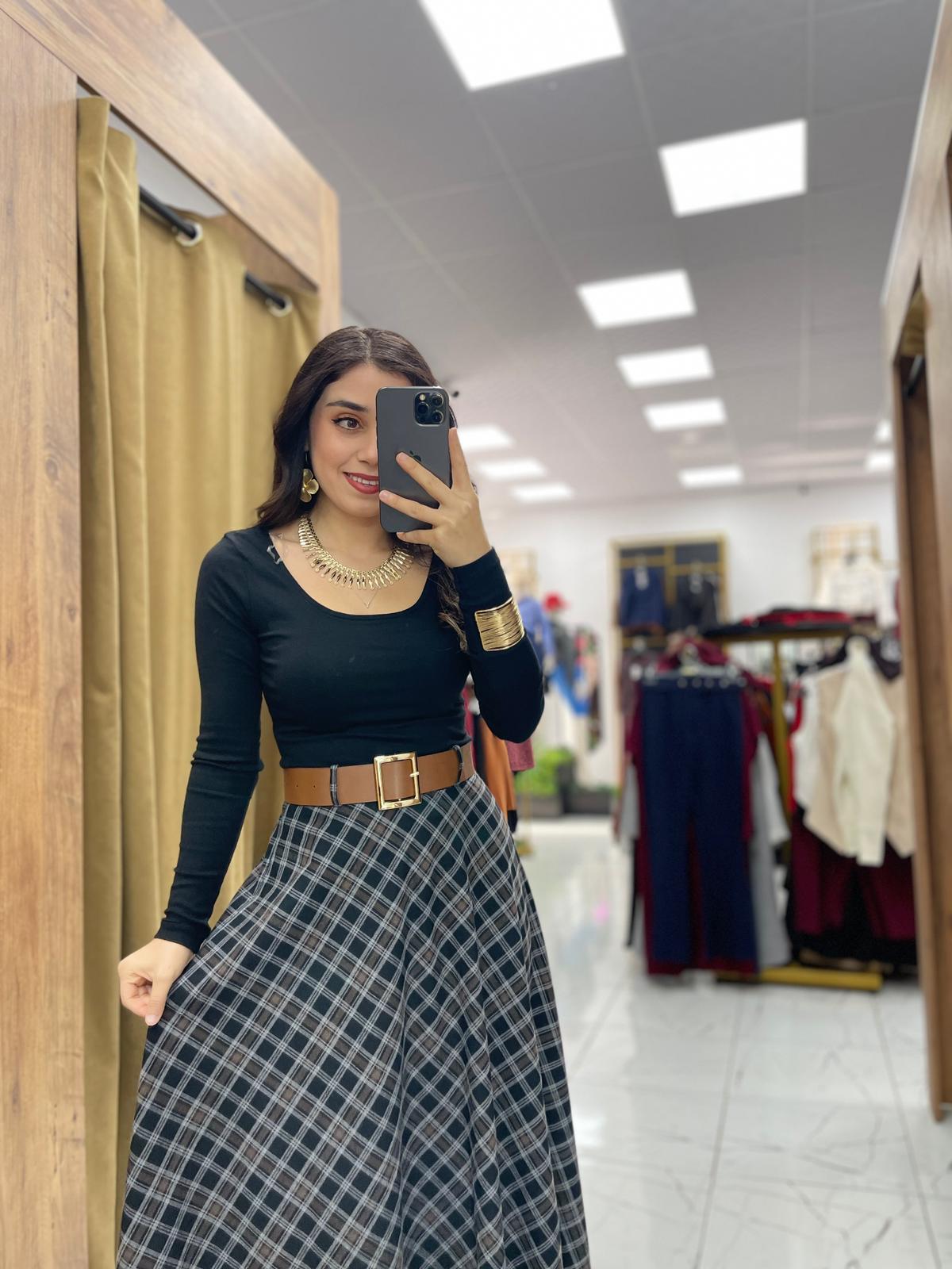 Ekose Kemerli Etek - Siyah