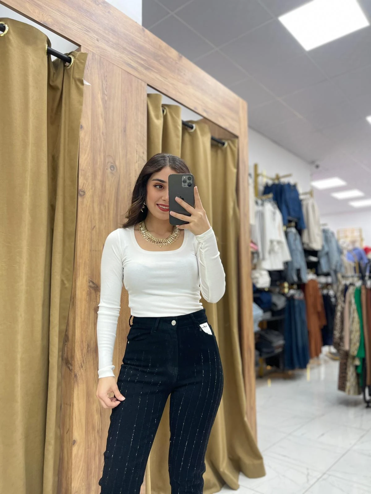 Dikey Taşlı Kot Pantolon  - Siyah