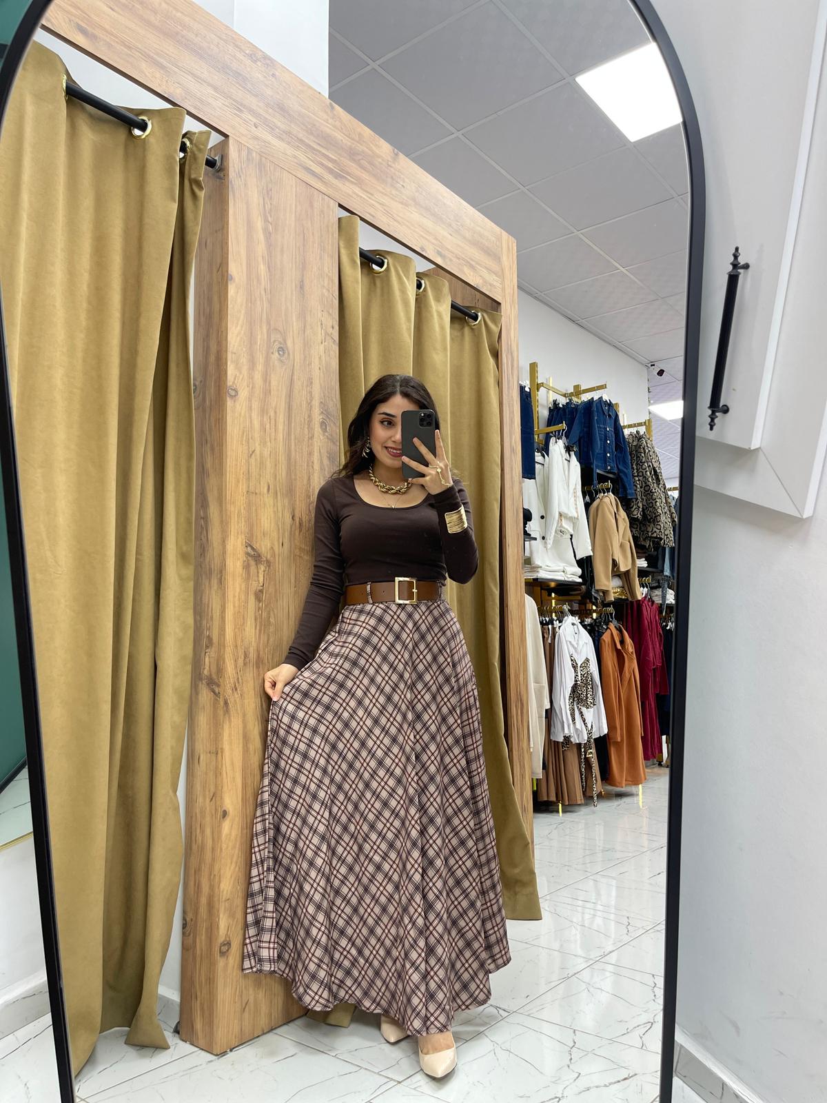 Ekose Kemerli Etek - Vizon