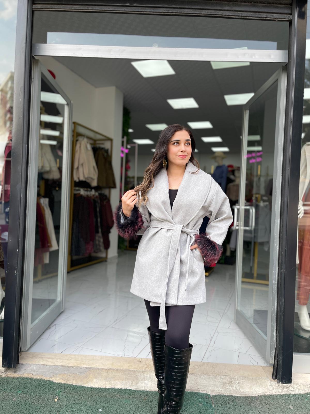 Kol Tüylü Kaşe Kaban  - Gri