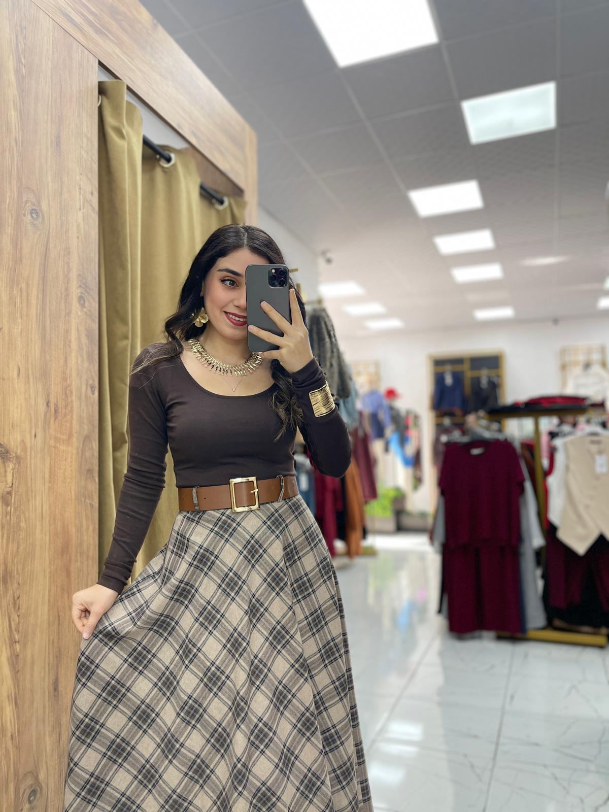 Ekose Kemerli Etek - Vizon