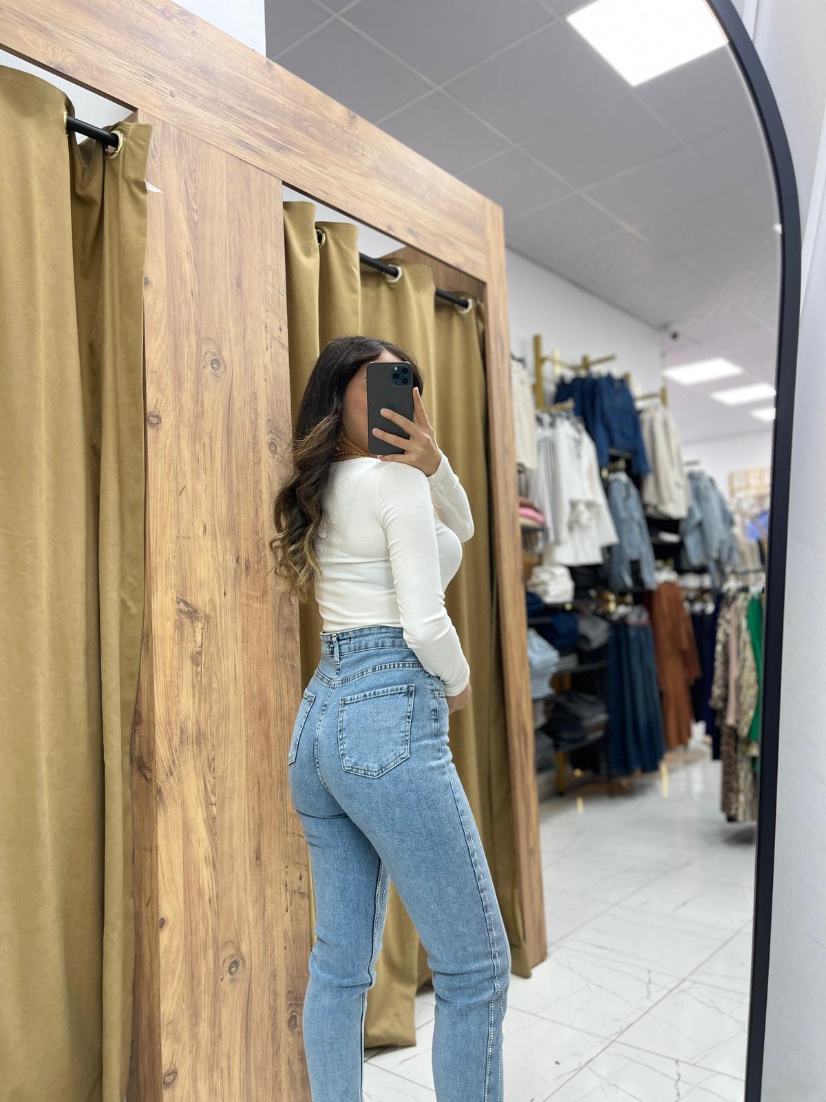 Dikey Taşlı Kot Pantolon  - Buz Mavi