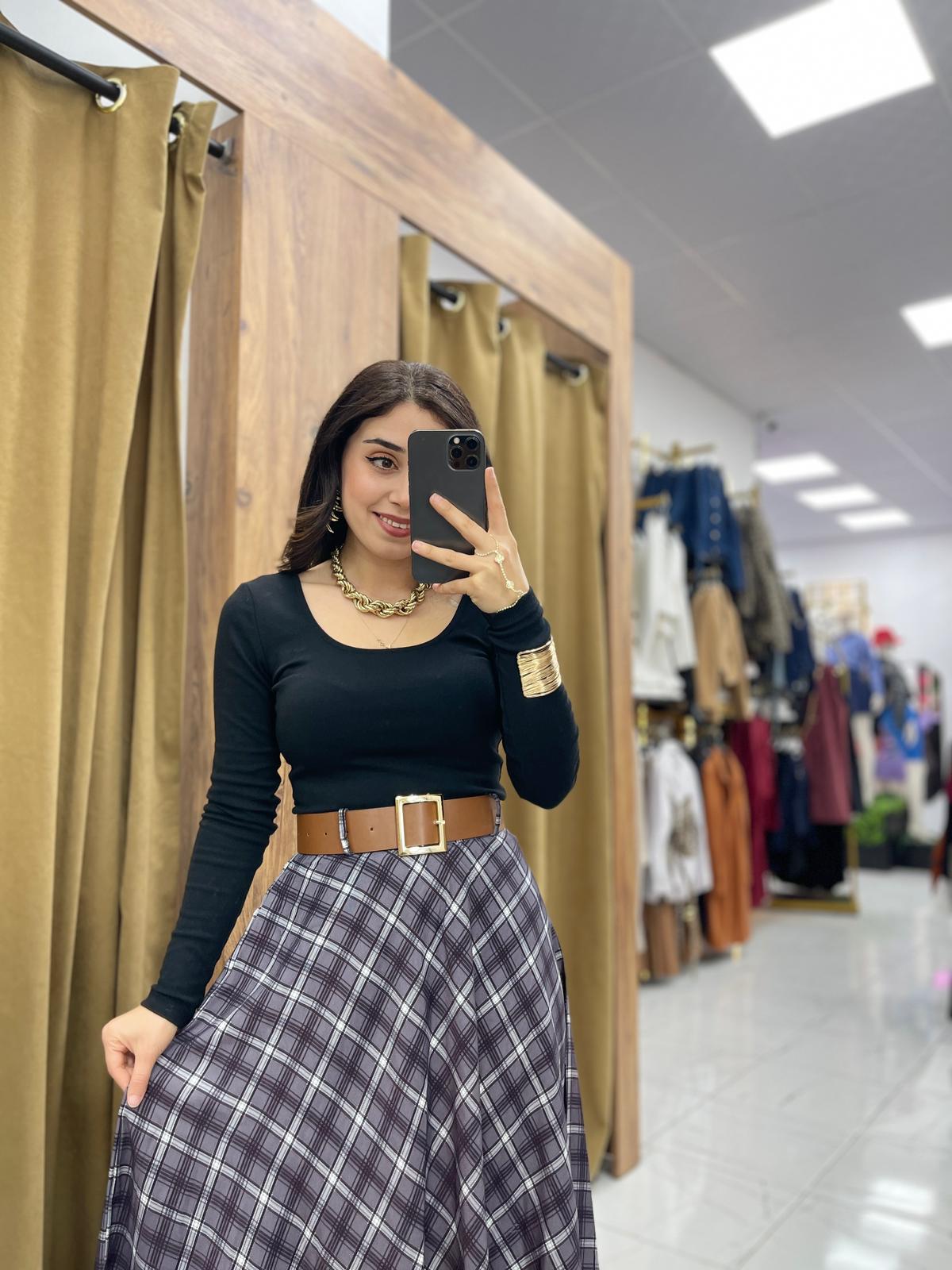 Ekose Kemerli Etek - Siyah