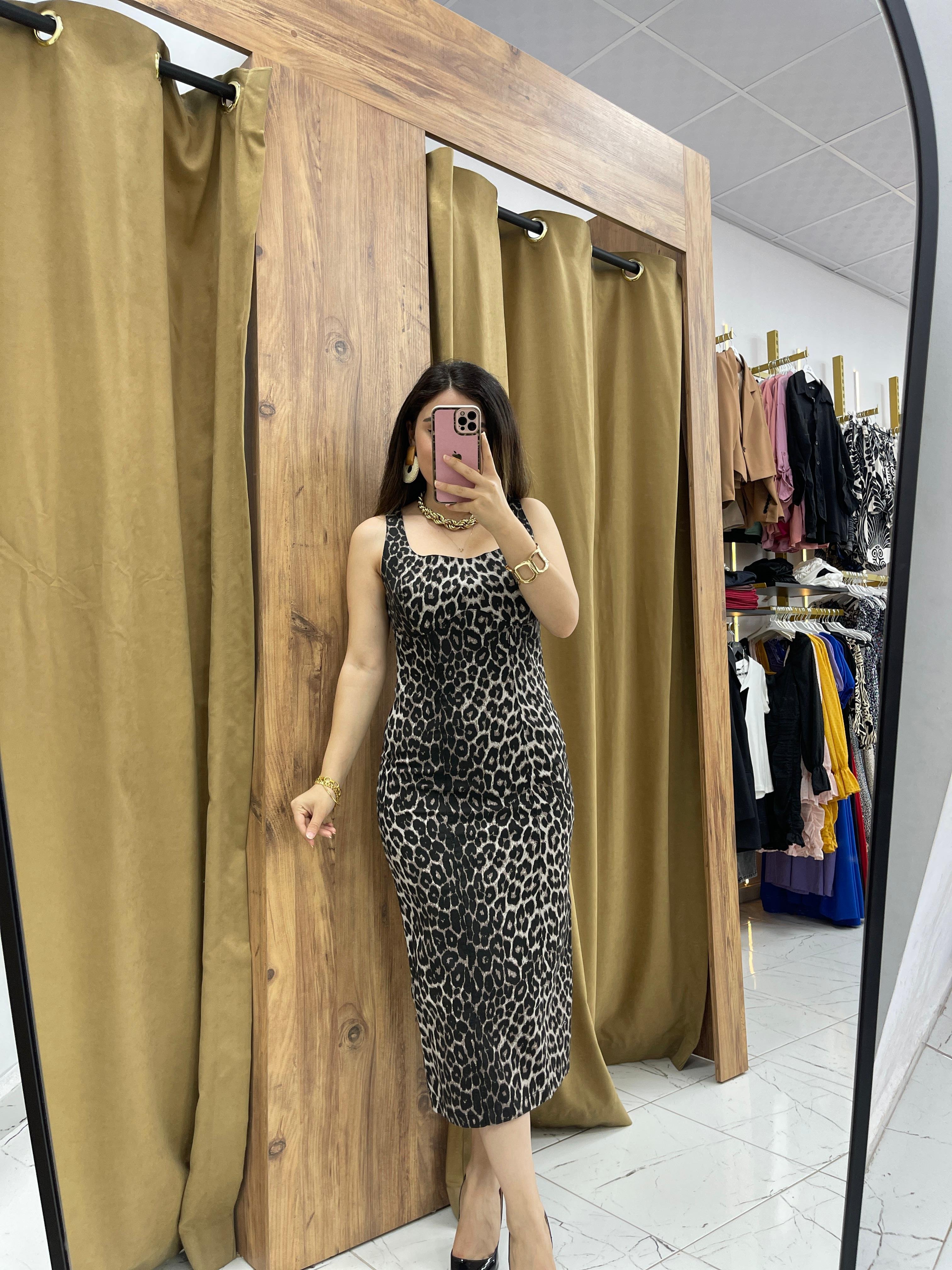 Nemy Leopar Elbise - Gri Leopar