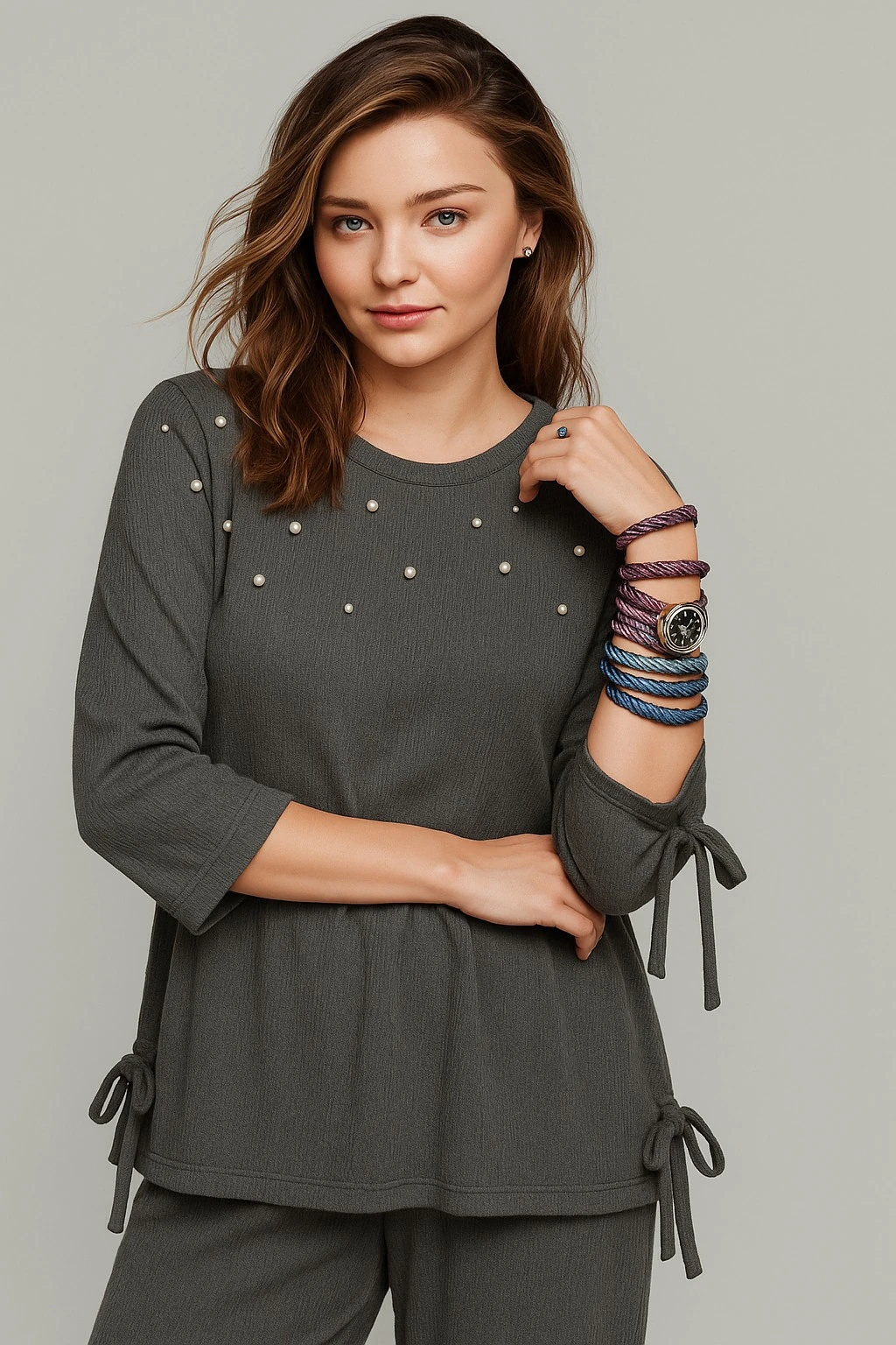 Antrasit İnci Detaylı Bağcık Kollu Kadın İkili Takım