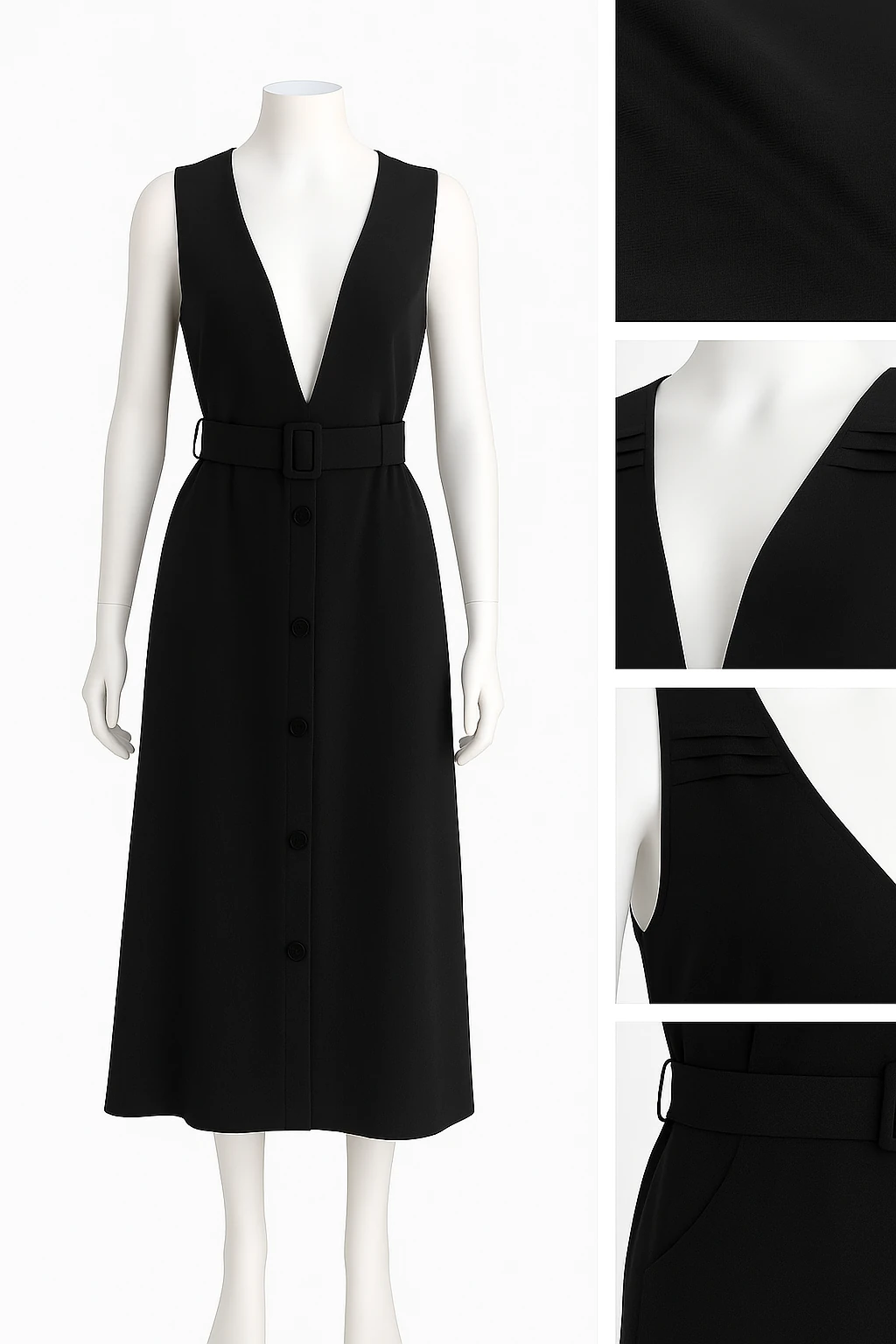 Derin V Yaka Kemerli Siyah Elbise