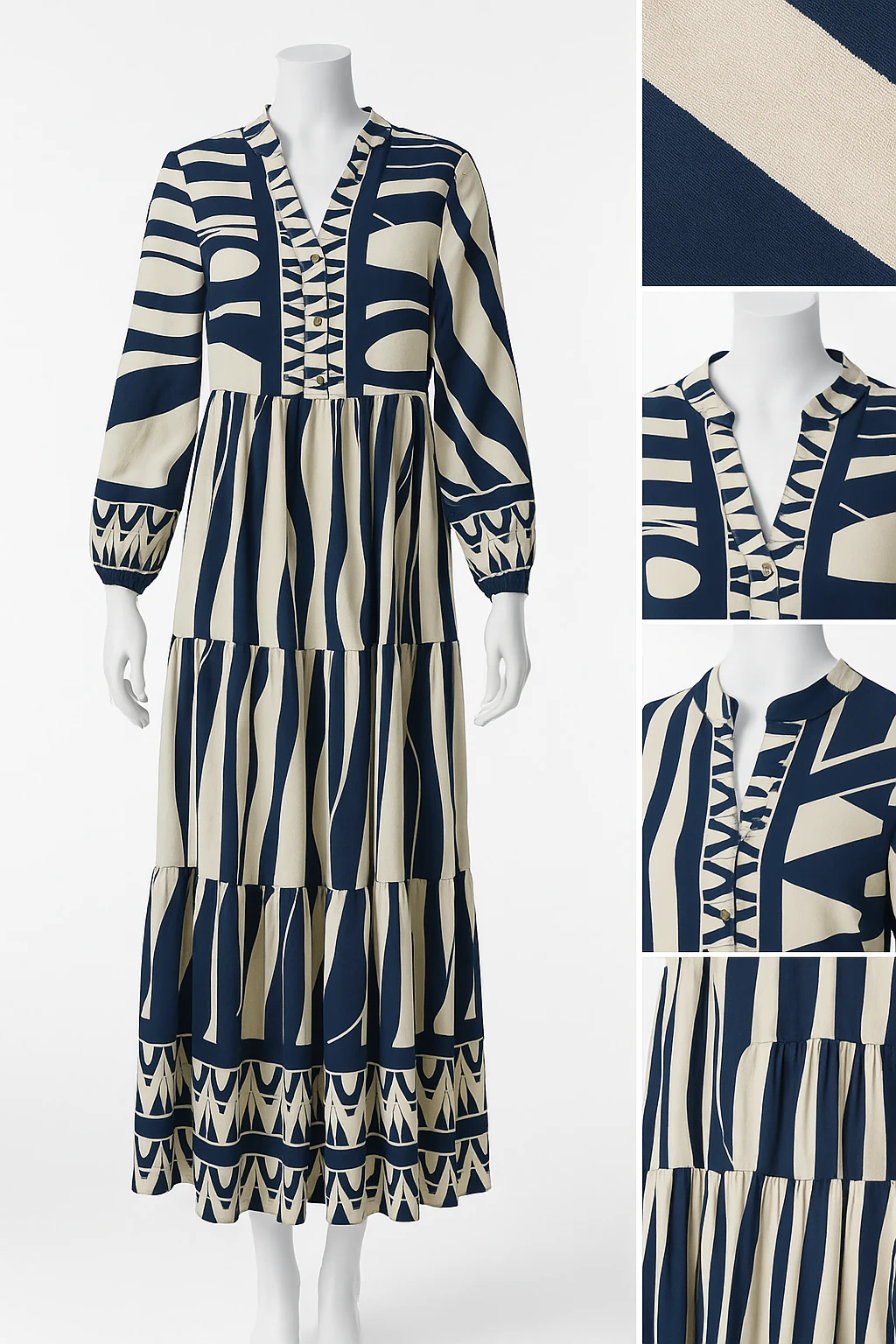 Desenli V Yaka Katlı Maxi Elbise