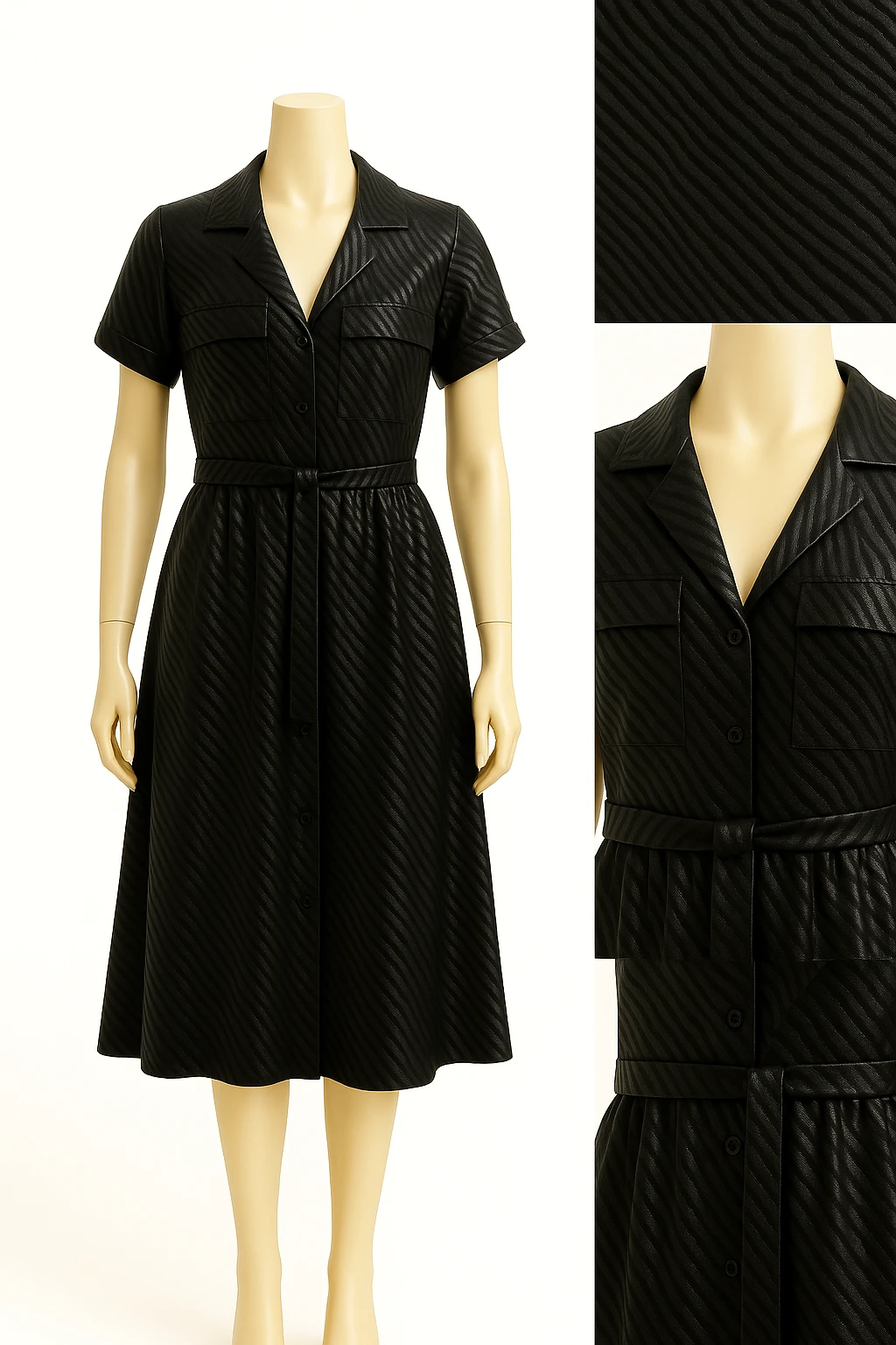 Parlak Kumaş Siyah Zebra Desenli Kuşaklı Elbise