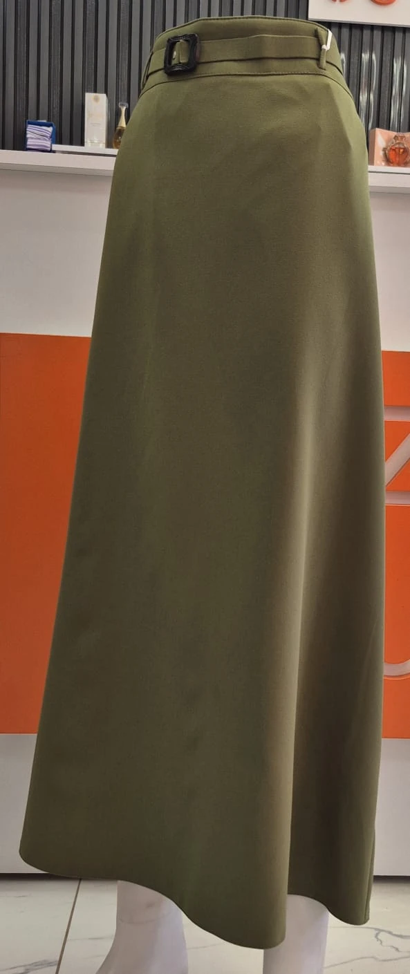 Tokalı Kemerli Haki Uzun Etek